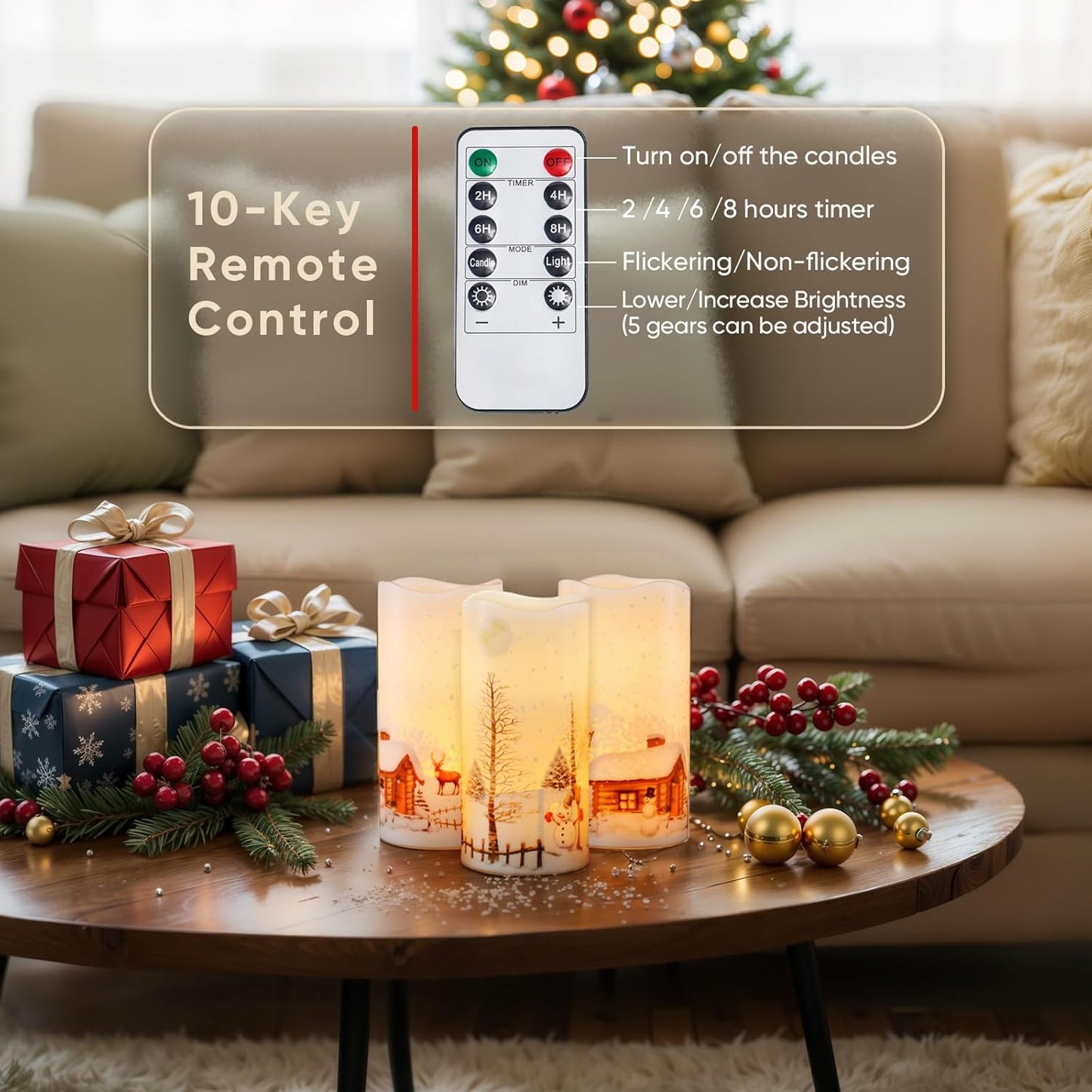 Homemory Christmas Flameless Candles Battery Operated with Snowman, Remote Control and Timers, Real Wax LED Pillar Candles for Rustic Country Home Farmhouse Cabin Decor, Set of 3, 3”x 6”