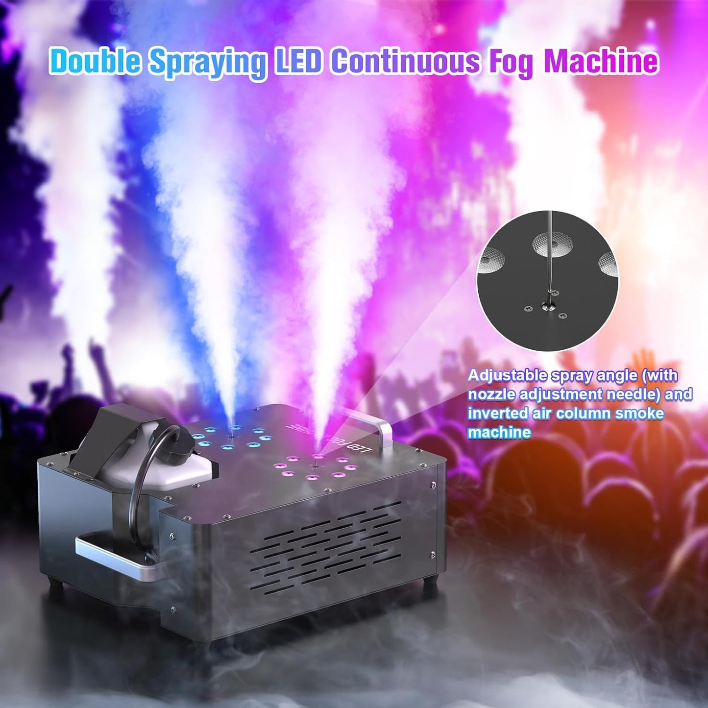2000W Professional Fog Machine Dual Nozzle with 16 RGB LED, DMX Control Adjustable Smoke Direction, 2.5L Tank LCD Display 30000CFM for Halloween Christmas Stage DJ Party Club Events-8PC