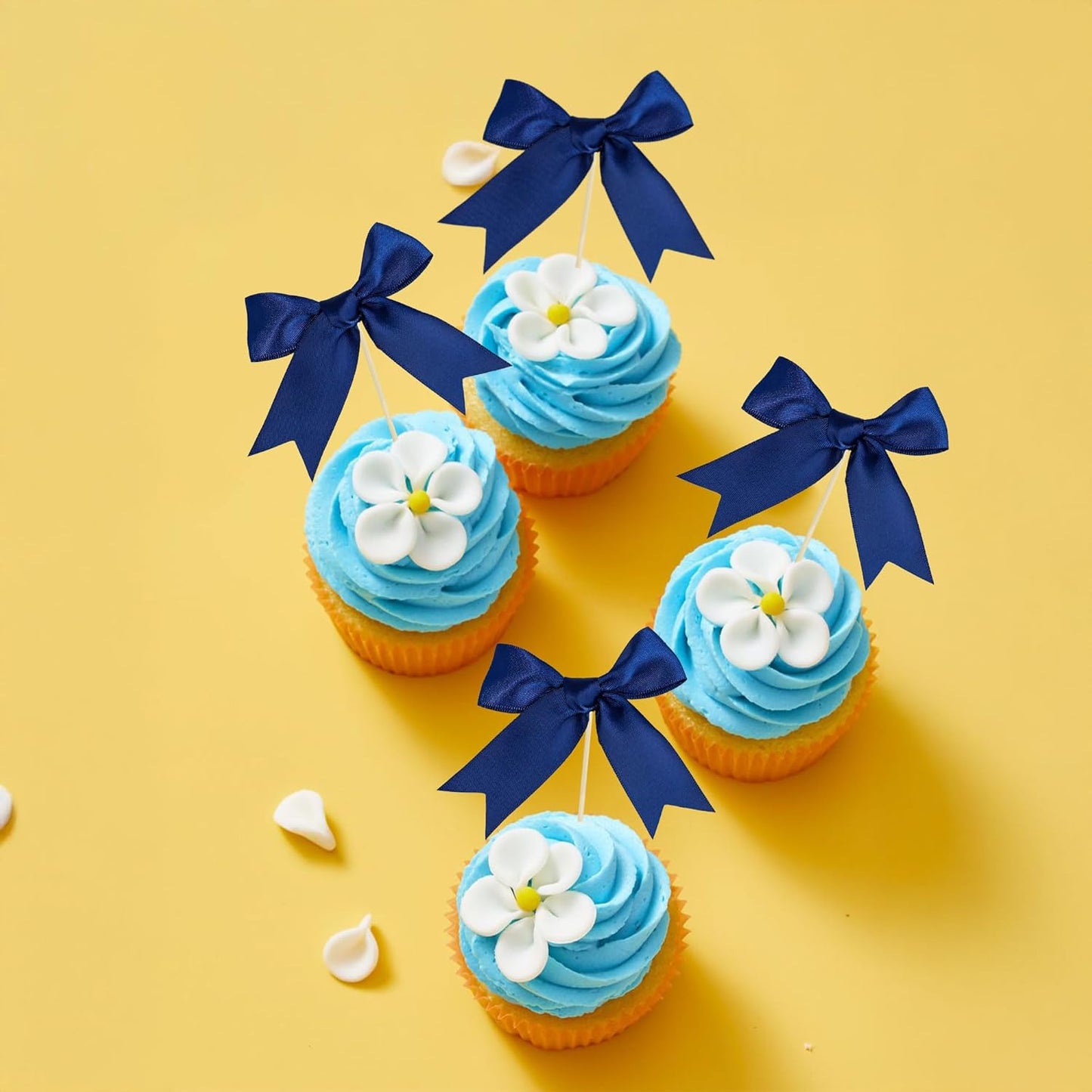 Gyufise 24Pcs Bow Cupcake Toppers Coquette Bow Girls Birthday Cake Decorations Bowknot Cake Toppers Bowknot Cupcake Picks for Baby Shower Birthday Wedding Bridal Engagement Party Supplies Dark Blue