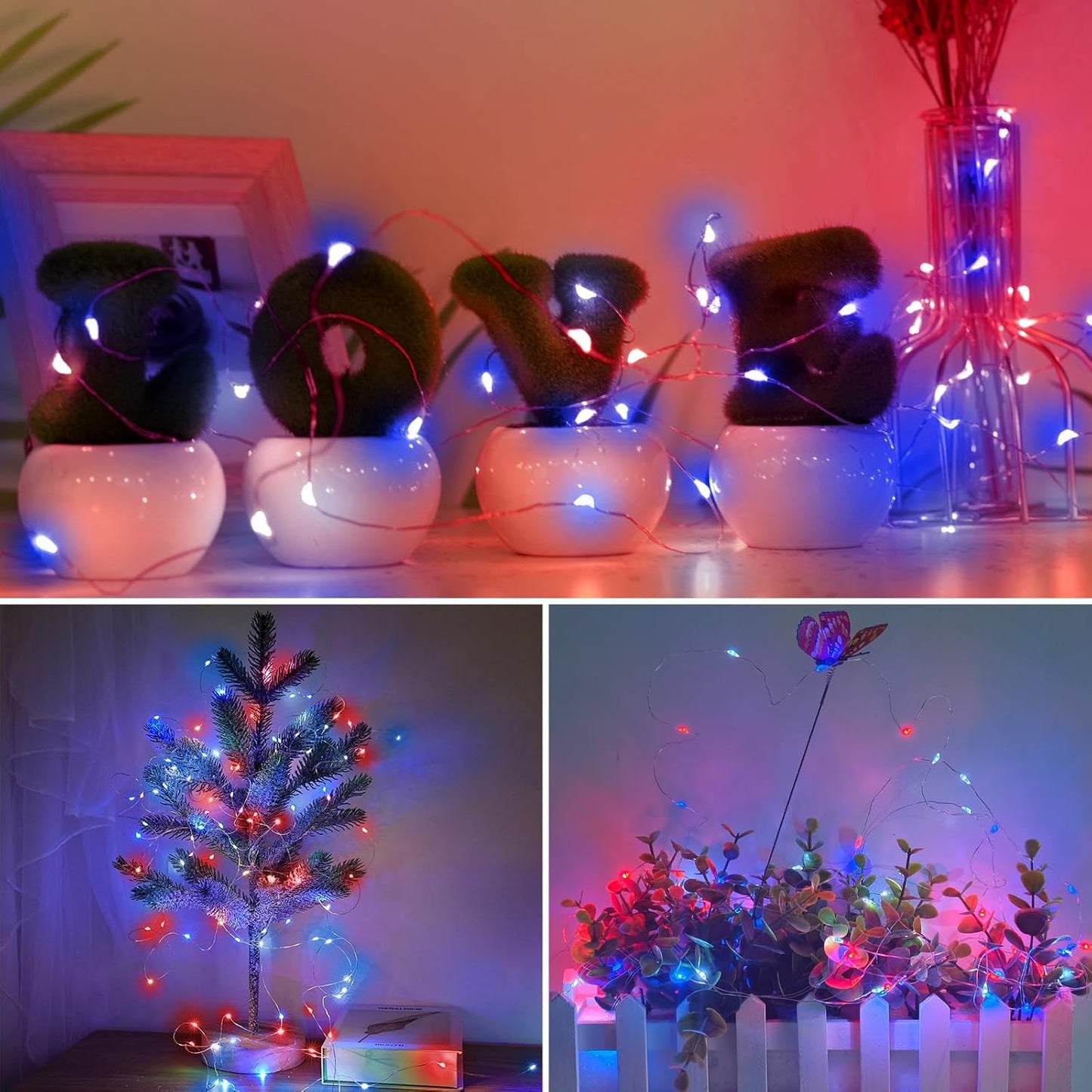 kolpop 30 Pack 4th of July Decor Patriotic Fairy Lights Battery Operated with 3 Modes, Red White Blue Twinkle String Lights Waterproof for Mason Jars Party