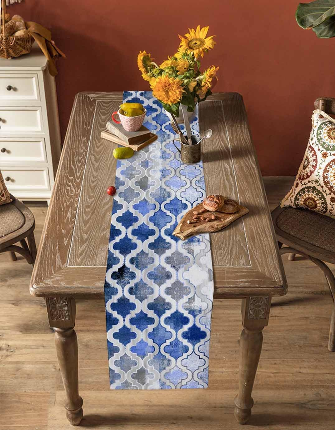 Blue Morocco Plaid Cotton Linen Table Runner for Dining Kitchen, Wedding Outdoor Party Tablerunners Decoration, Distressed Abstract Painted Vintage Dresser Scarf Coffee Tablecloth Runners 13x72 Inches