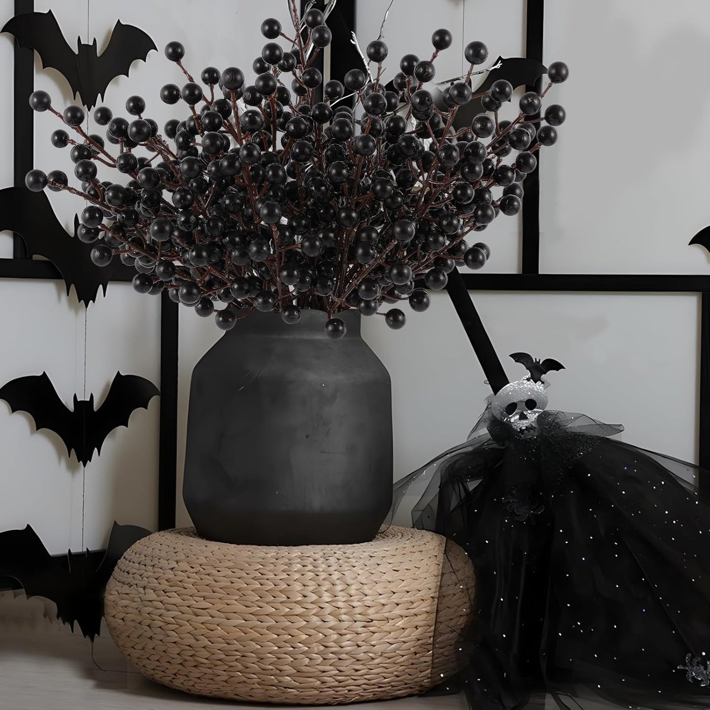 40 Pcs Artificial Berry Stems Branches, Halloween Black Faux Holly Berries Picks Ornaments for Christmas Tree Wreath DIY Craft Decorations Holiday Home Decor (40, Black)