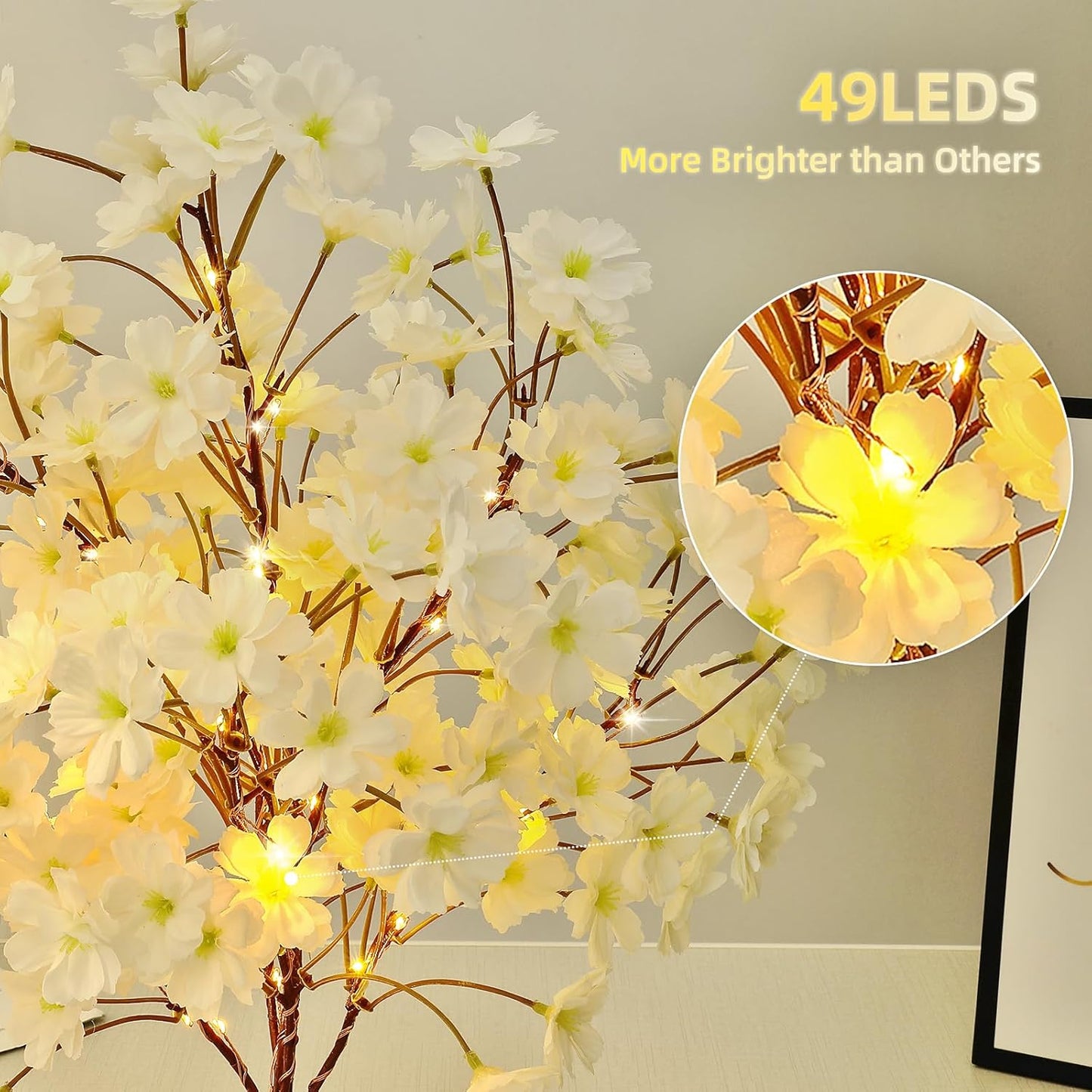 19Inch Cherry Blossom Tree Light, Lighted Artificial Tree with White Silk Flowers, Battery Operated Lamp with Timer for Summer Wedding Decorations,49 Fairy LEDs