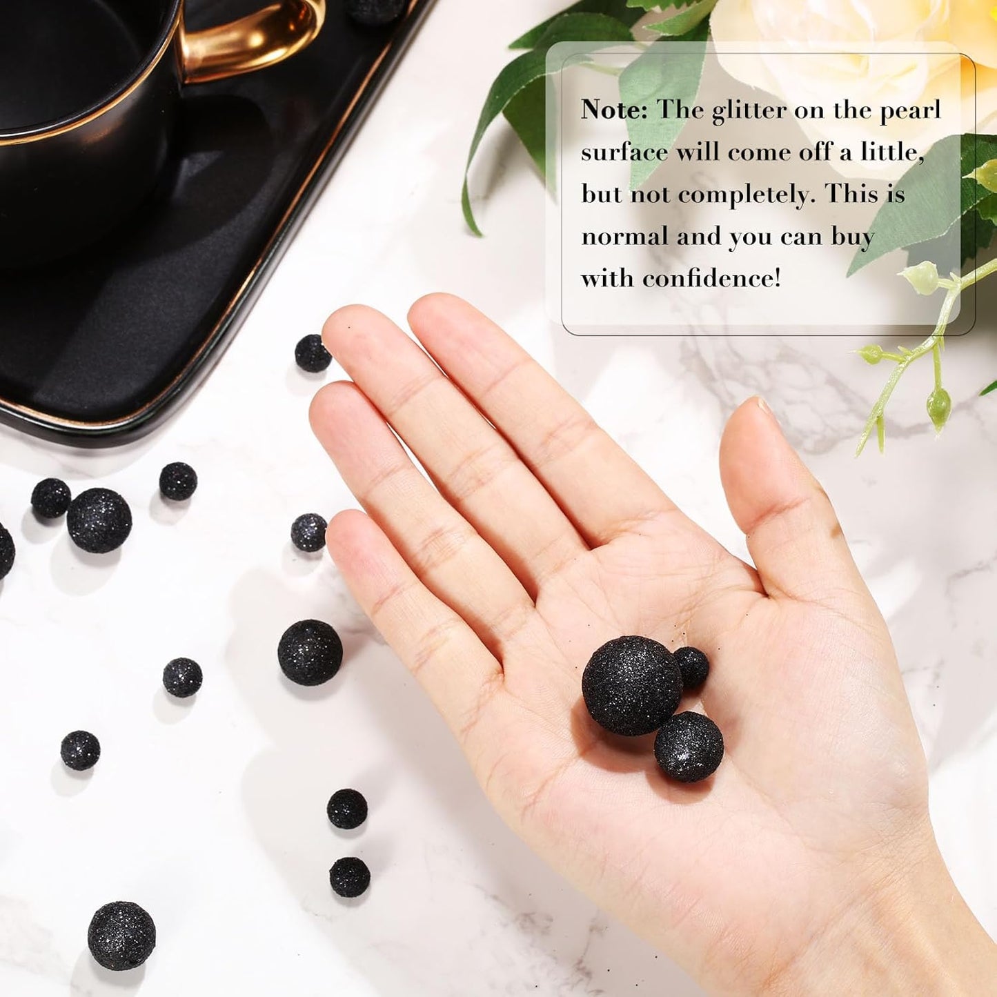 150 Pieces Vase Filler Faux Pearls Vase Makeup Beads No Hole Gloss Bead Mixed Sizes Round Pearl for Home Party Wedding Decor, 8/14/20 mm(Glitter Black)