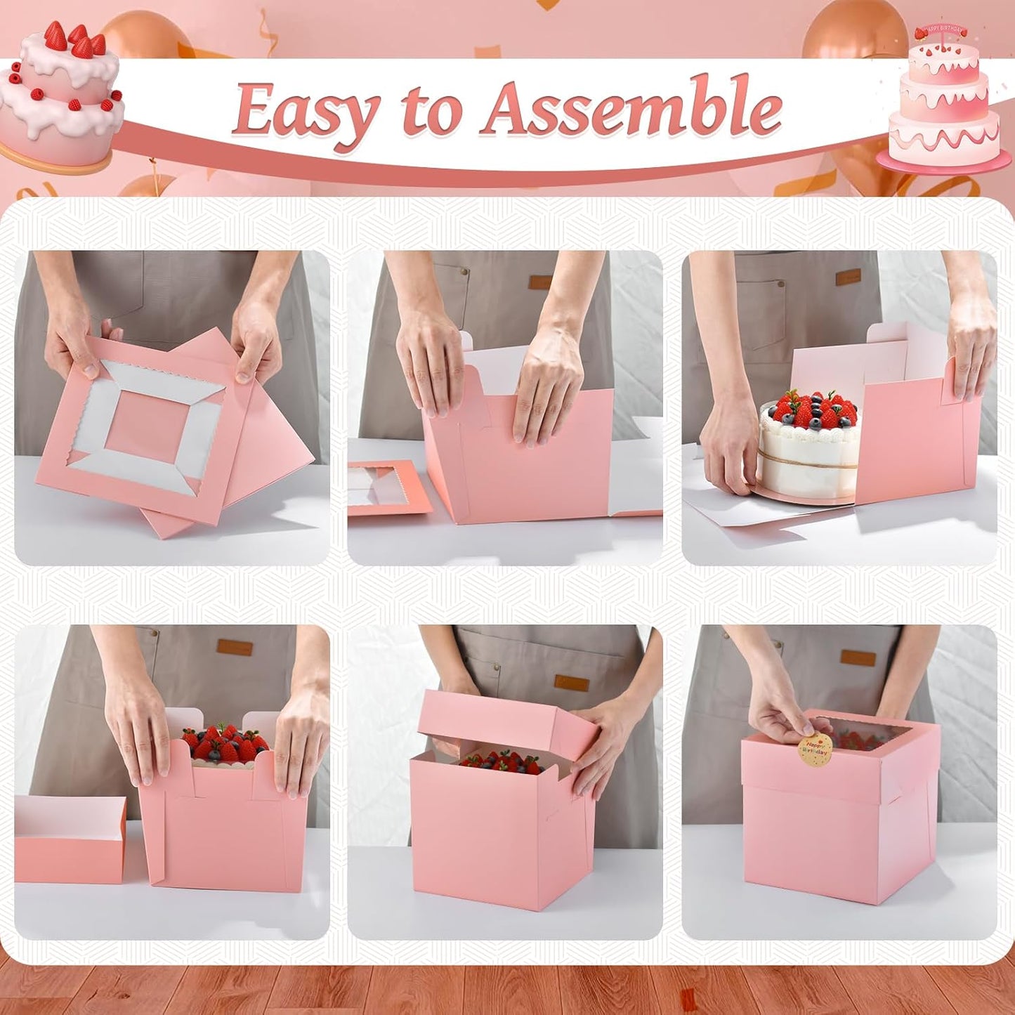 12Pcs 6x6x6 Inches Small Cake Boxes, Pink Square Bakery Boxes with Window, Mini Cake Containers for Pastries, Cookies, Chocolates, Cupcakes, Birthday Party Cajas Pasteles