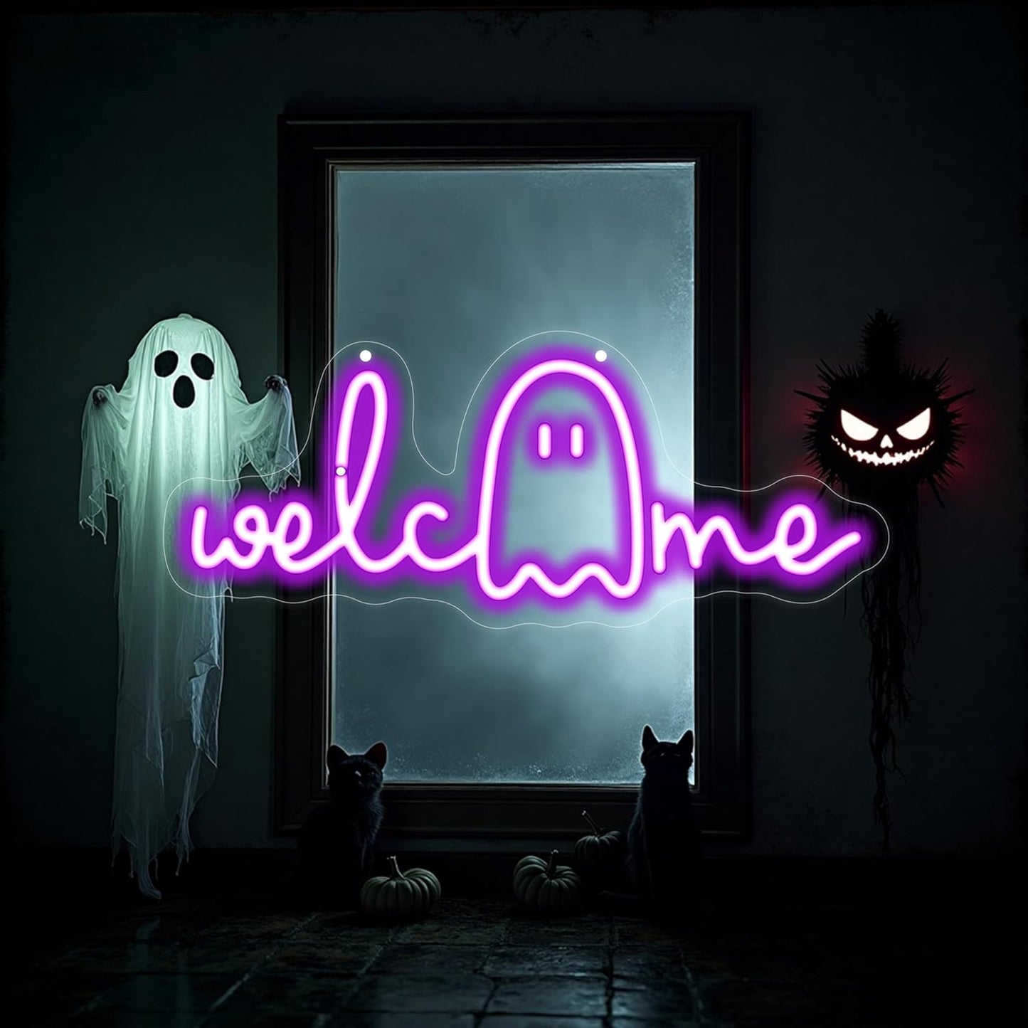 Halloween Welcome Ghouls Neon Sign, Spooky Ghost LED Halloween Decor, Haunted House Entryway Light, Available Gothic Haunted Mansion Light for Bedroom Bar Cave Room Decor Party Home-Purple