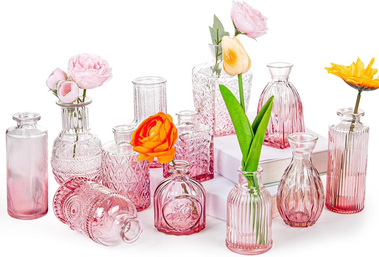 Glass Bud Vase Set of 12,Small Flower Vases in Bulk,Pink Mini Vintage Vase for Home Centerpiece, Parties, Wedding Decoration for Home Centerpiece, Parties, Wedding Decoration(12)