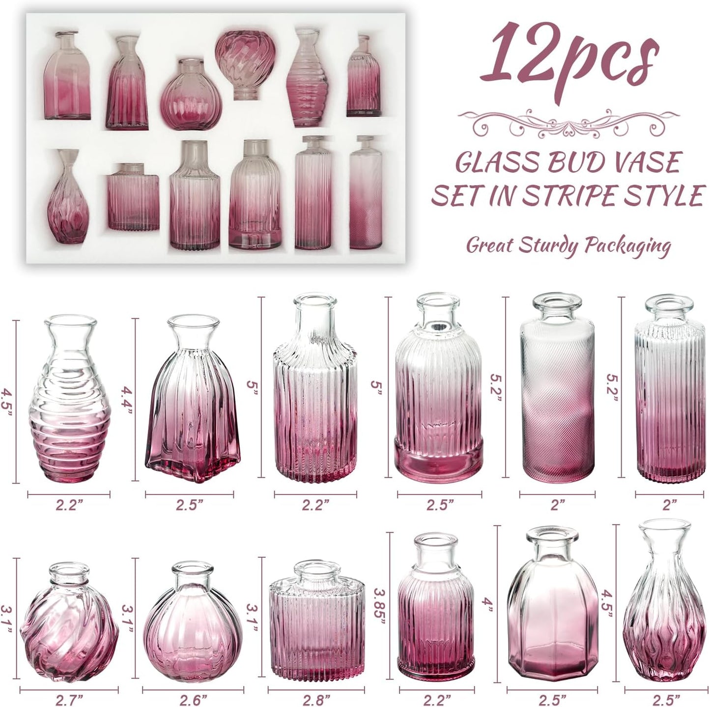 Bud Vases Set of 12, Small Purple Vase Glass Vases for Flowers Vintage Ribbed Colored Wedding Flower Vase for Decor in Bulk Decor Bridal Shower Centerpieces Home Table Decoration