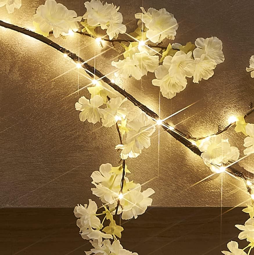 Hairui Cherry Blossom 96 LED Fairy Lights 6FT Garland, White, Battery Operated with Timer for Indoor/Outdoor Decor