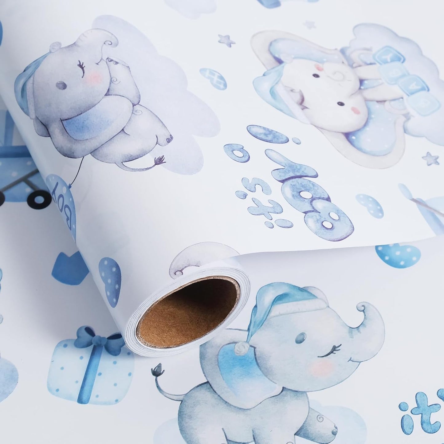Aimyoo Blue Baby Shower Wrapping Paper Roll - 17 Inch X 16.4 Feet - Cute Elephant with It‘s A Boy Letter Design Perfect for Boys, Birthday, Party