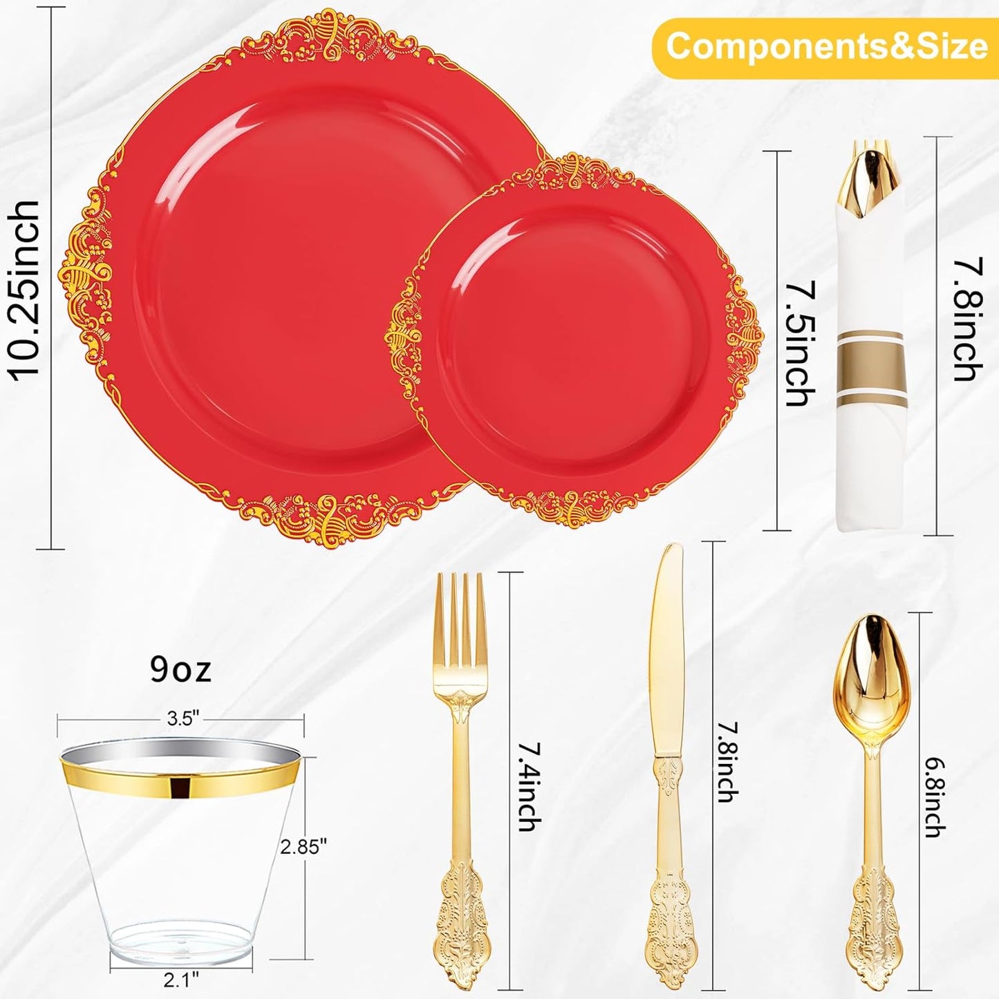 Nervure 350PCS Red Plastic Plates - Red Gold Plastic Dinnerware Sets for 50 Guests - 100 Gold Disposable Plates, 50 Pre Rolled Silverware Sets, 50 Cups Perfect for Wedding & Party & Christmas