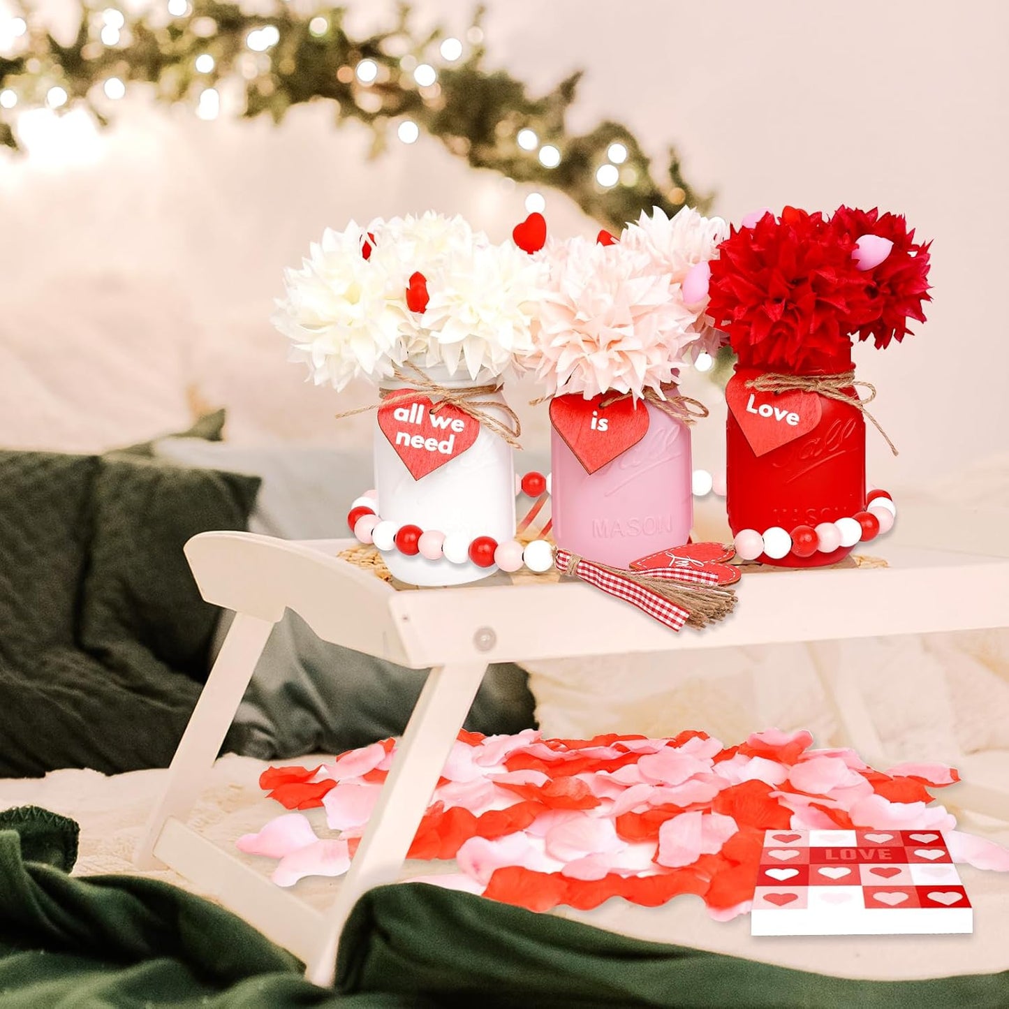 CNVOILA Valentines Table Decor, 6PC Mason Jars, Glass, Cylindrical, White, Red, Pink - Valentine's Day, Anniversary, Wedding, Farmhouse Decor