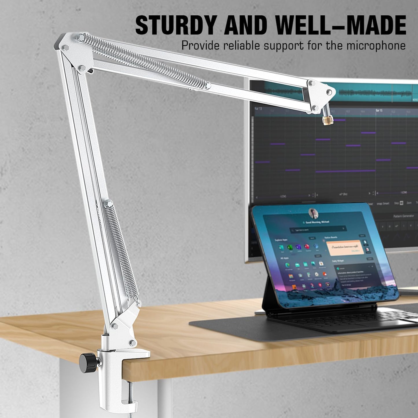 FIFINE Microphone Boom Arm, Suspension Mic Arm Stand with Mount Clamp, Metal Scissor Mic Stand with 3/8" to 5/8" Adapter for Home Studio Recording Podcast Gaming-CS1 White
