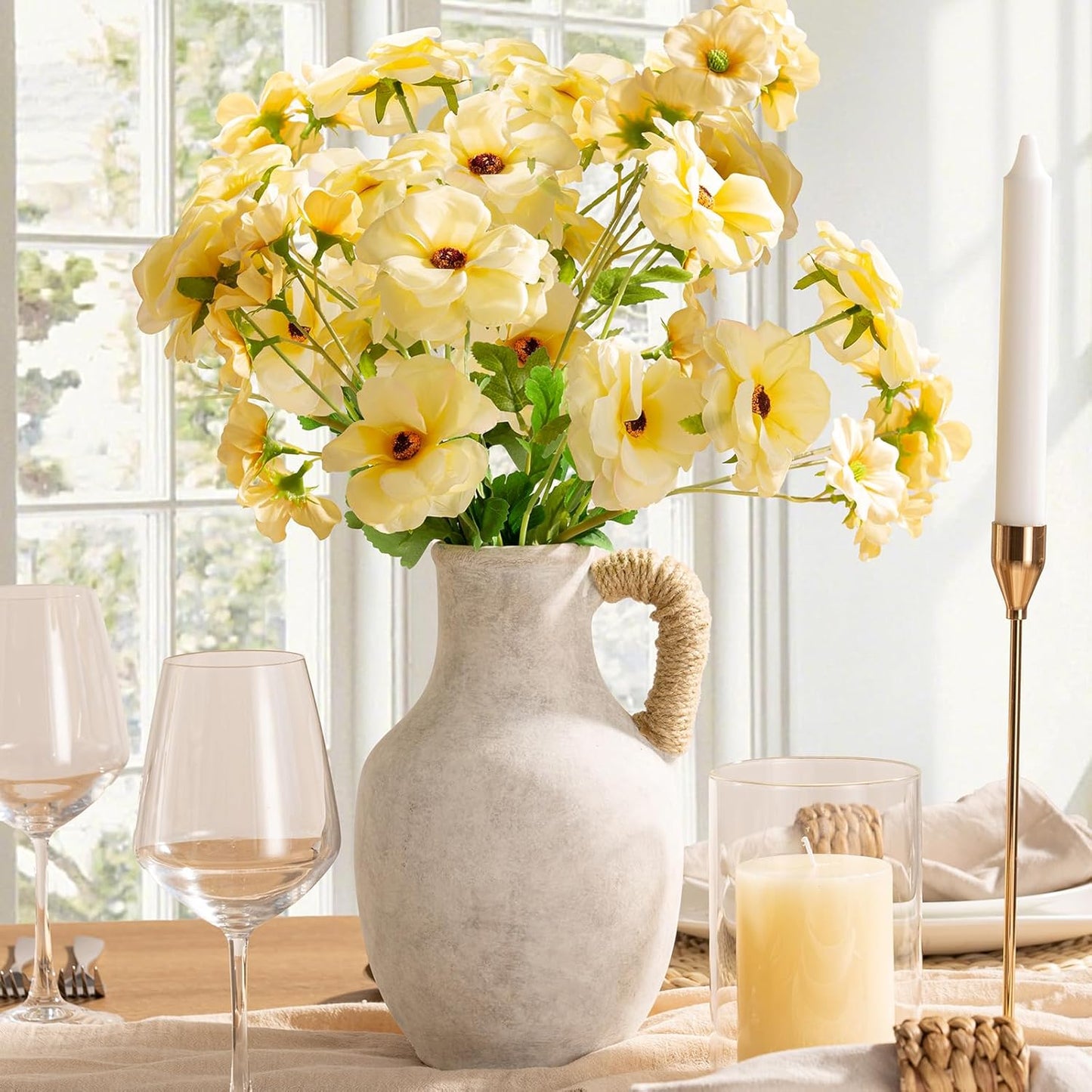 Ceramic Flower Vase Home Decor - 10 Inch Large White Rustic Table Flowers Vases Living Room Bedroom Plant Decorations Farmhouse Vintage for Kitchen Shelf Office Coffee Dining Desk House Women