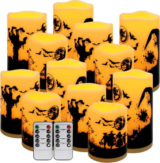 12-Pack Waterproof Flameless LED Candles - Remote Control & Timer, Dimmable Flickering for Halloween Decor Indoor/Outdoor, Haunted House, Party, Graveyard