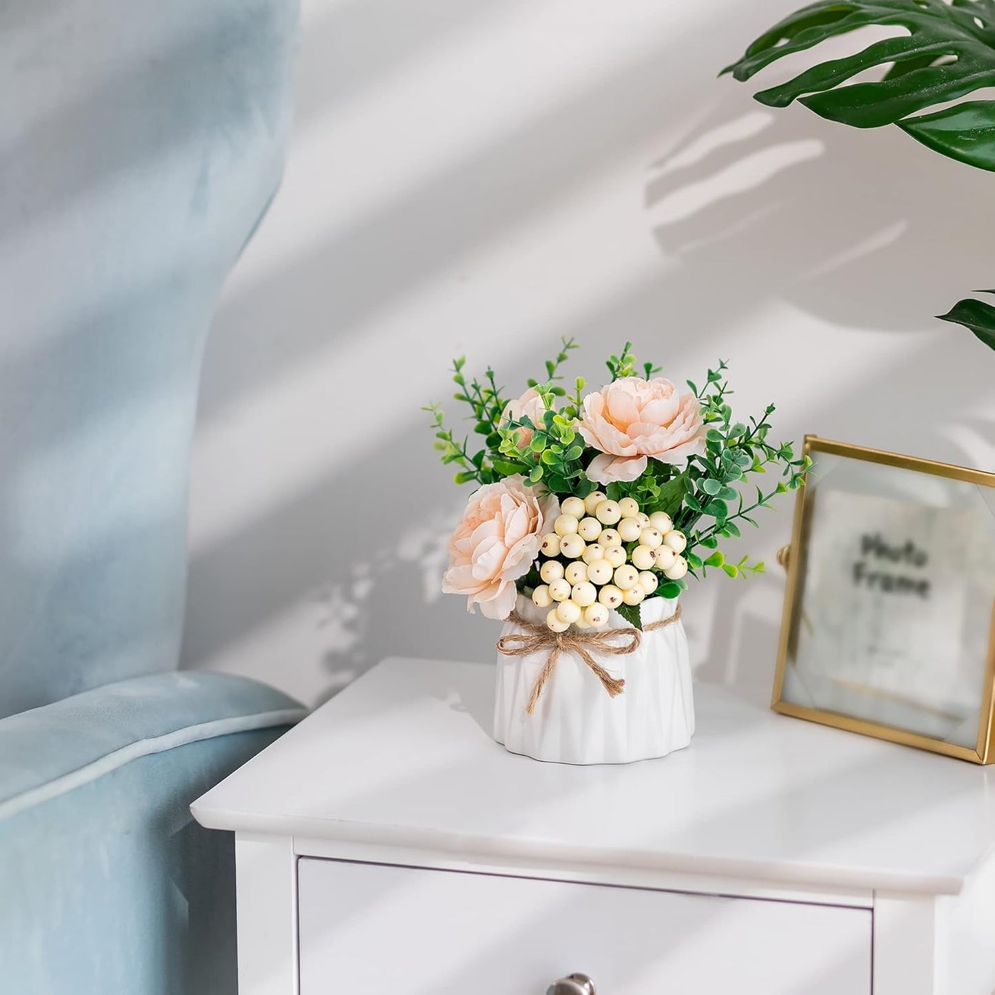 BLOSMON Table Decor Artificial Flowers Vase 7 Inch Small Fake Champagne Flower Arrangement 2pcs Floral Arrangement for Tables centerpieces Kitchen Dining Room Decorations Flower in Vase Silk Roses