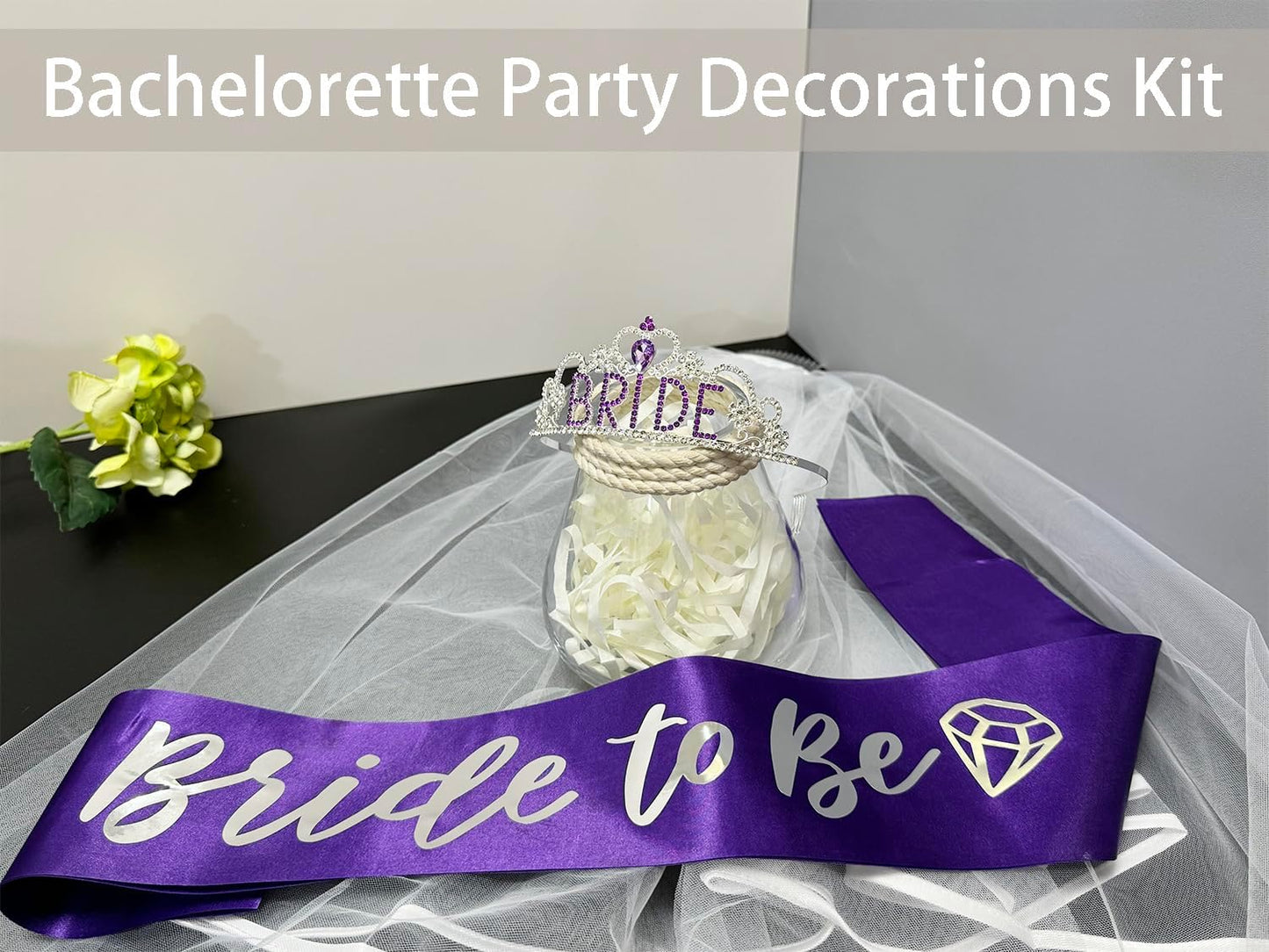 JETKONG 3 Pcs Bachelorette Party Decorations "BRIDE" Crown, Bride to Be Sash&Veil for Women Bachelorette Party Gifts, Bridal Shower Supplies, Gifts, Favors (Purple)