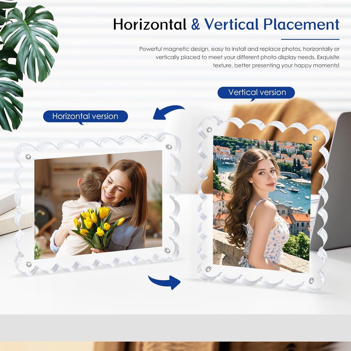 Magnetic Photo Frame 6×8Inch - 2Pack Acrylic Scalloped Glass Frames, 12+12mm Thick Double-Sided Design.Clear Picture Frame with Thick Block | Trendy Home Gift Set (2 Pack, 6×8)