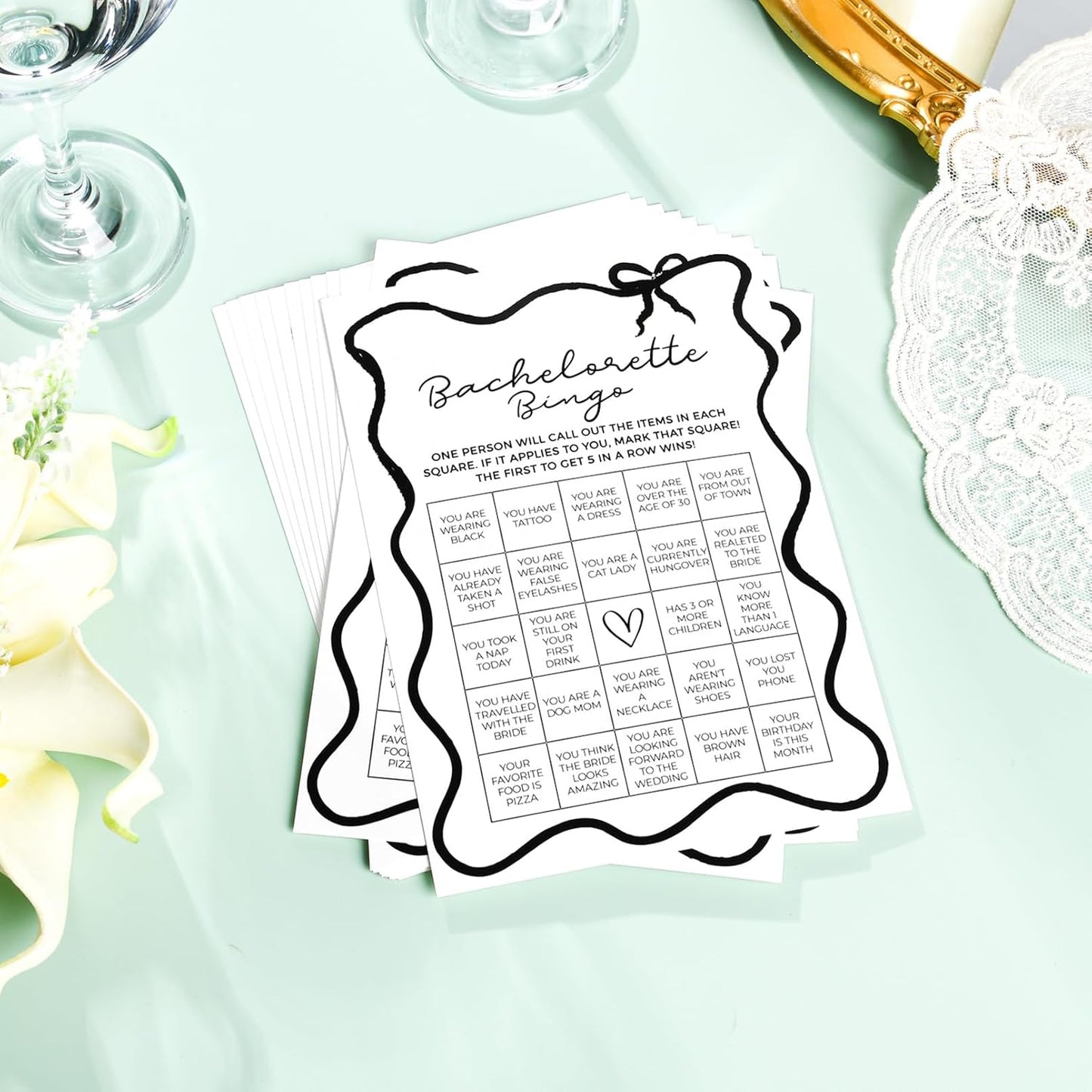 DEEKA 30 PCS Bridal Shower Games Card for 30 Guests Black Wavy Border Ribbon Bow Funny Wedding Bachelorette Party Games for Reception (Bachelorette Bingo)