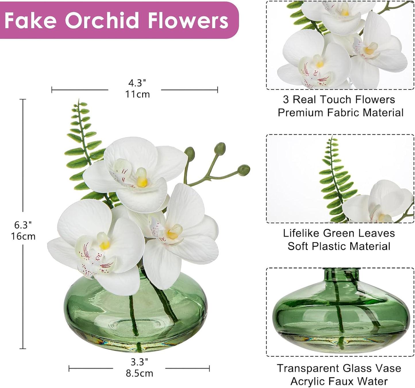 White Orchids Artificial Flowers Faux Orchids Arrangement in Light Green Glass Vases Set of 3 Real Touch Phalaenopsis Orchid Flowers Small Fake Orchid Centerpiece for Dining Room Table