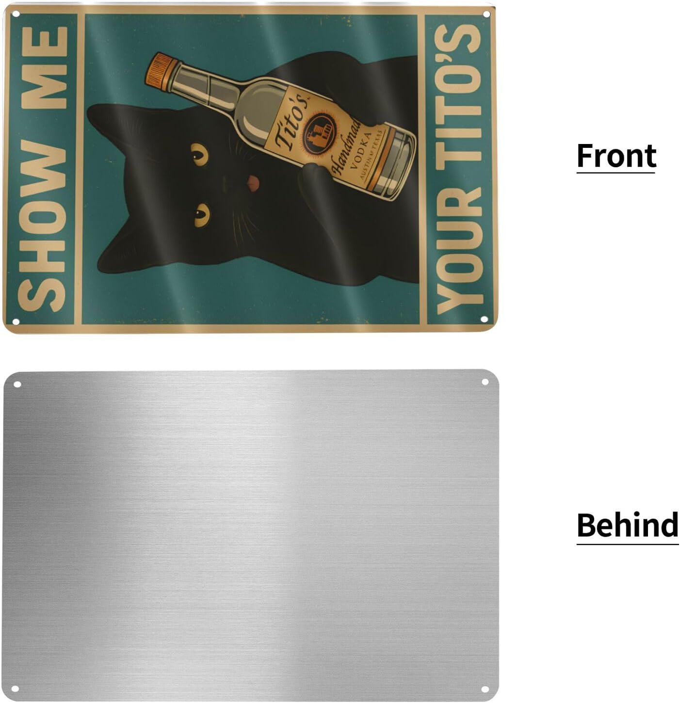 Funny Black Cat Bar Sign – “Show Me Your Tito's” Vintage Metal Wall Decor for Man Cave, Pub, or Home Bar – 12" x 8" Tin Poster