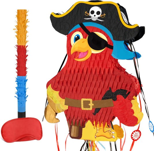 WERNNSAI Foldable Pirate Pinata - Extendable Pirate Parrot Pinata with Blindfold Bat and Tassels for Boys Pirate Birthday Party Supplies Caribbean Piñata Adventure Party Decorations 16.4” x 12.4”