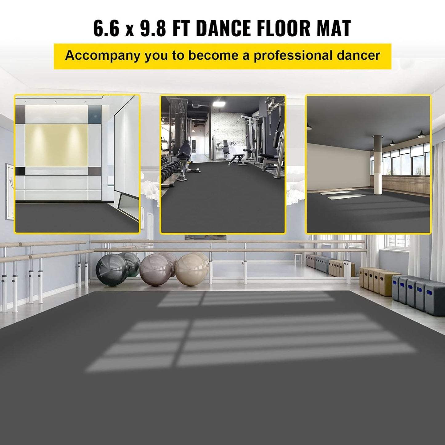 VEVOR Dance Floor Roll - 6.6x9.8ft, 0.06in Thick PVC Vinyl, Black/Grey Reversible, Non-Slip, Ballet & Jazz Style