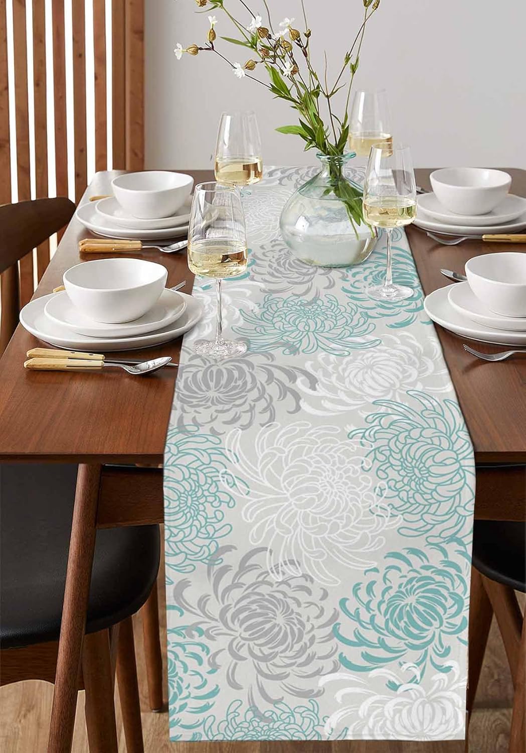 Auqa Chrysanthemum Cotton Linen Table Runner for Dining Kitchen, Wedding Outdoor Party Tablerunners Decoration, Farmhouse Floral Botanical Leaves Dresser Scarf Coffee Tablecloth Runners 13x60 Inches