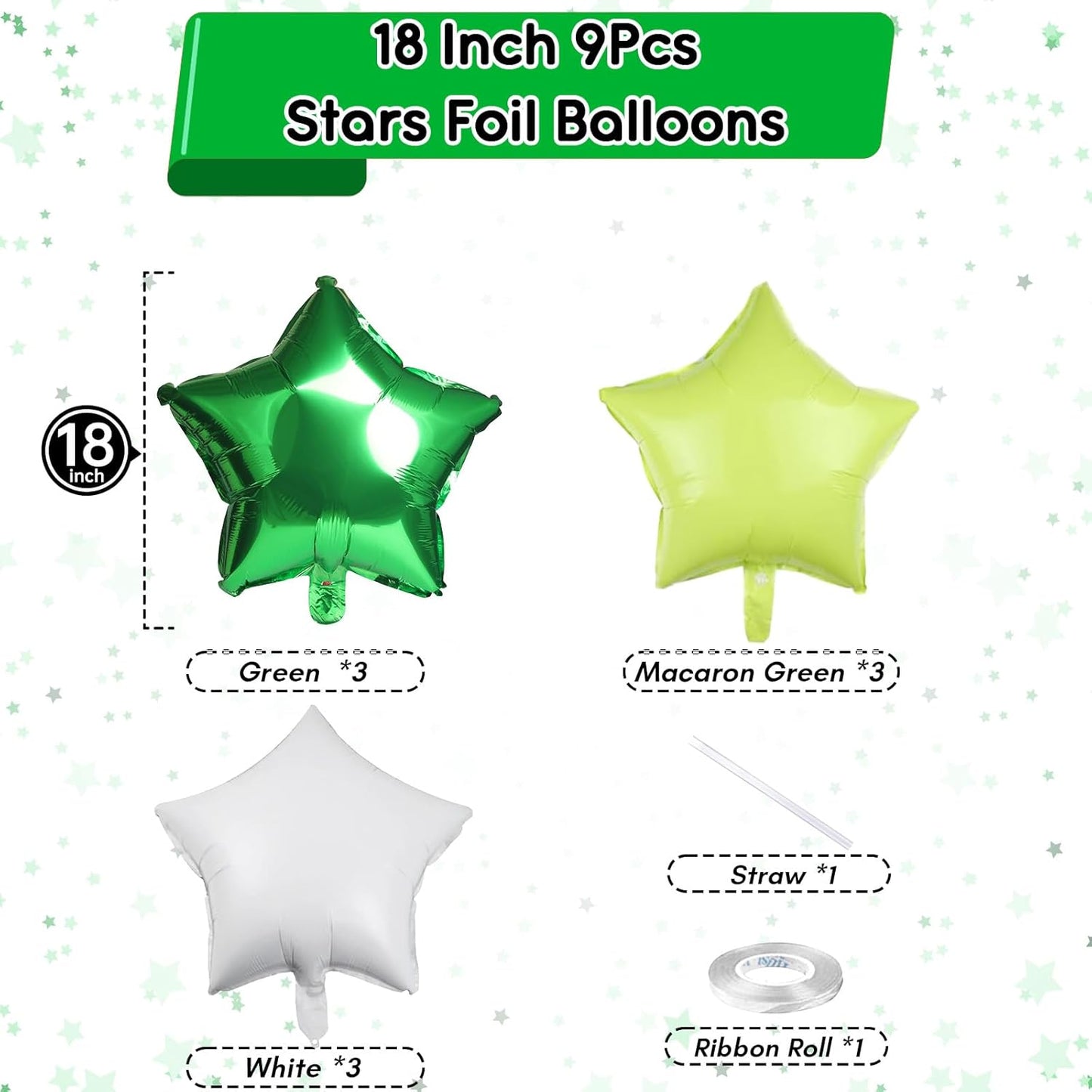 TAOYE Green Star Foil Balloons, 18 Inch Macaron Green Star Foil Balloons Dark Green Light Green White Pentagram Helium Balloons for Jungle Safari Animal Theme Kids Birthday Football Party Decoration