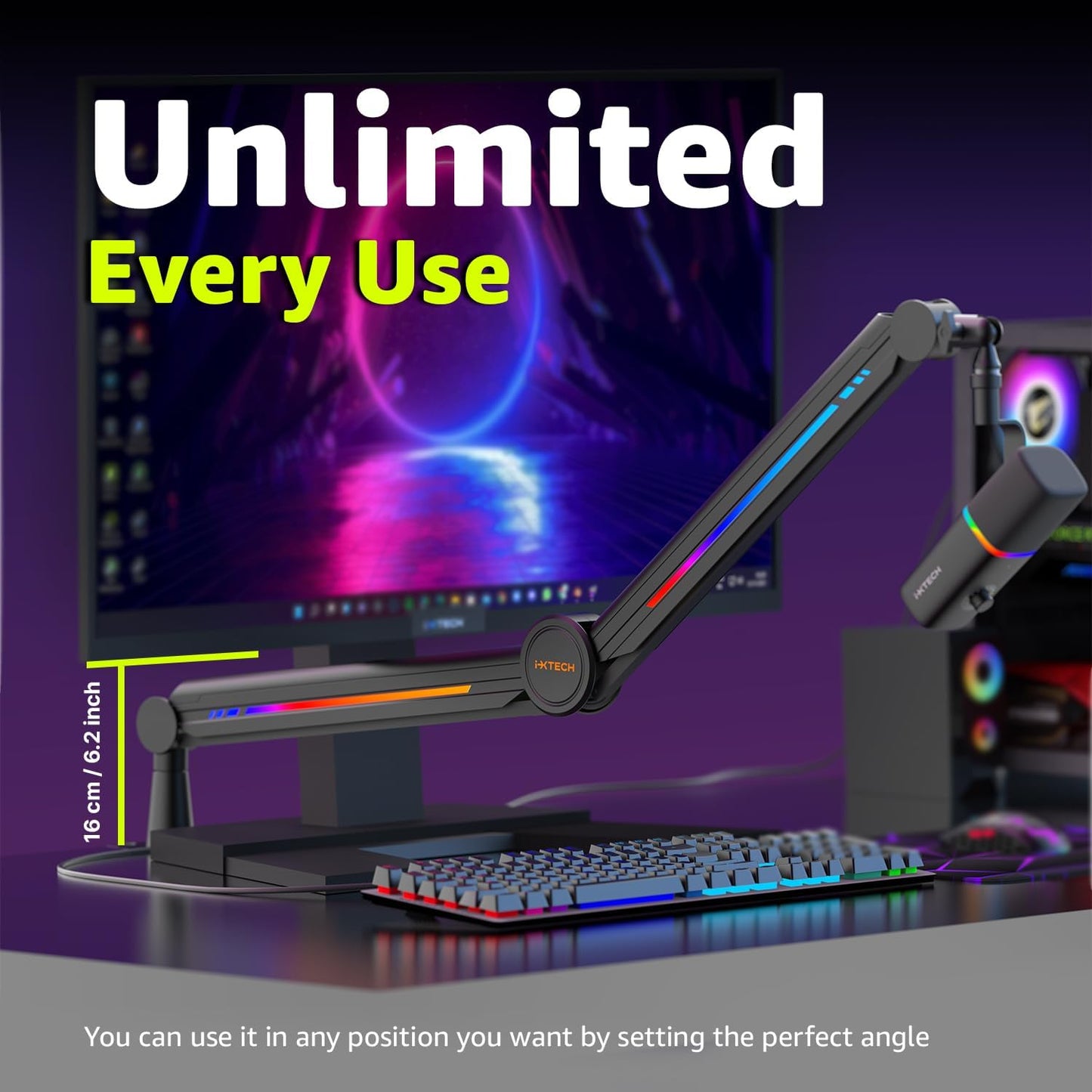 IXTECH RGB Mic Boom Arm High Profile, Overhead Boom Arm Microphone Stand Desk Mount, Adjustable Microphone Stand with Desk Mount, Mic Arm for Live Streaming Gaming Podcasting Recording.