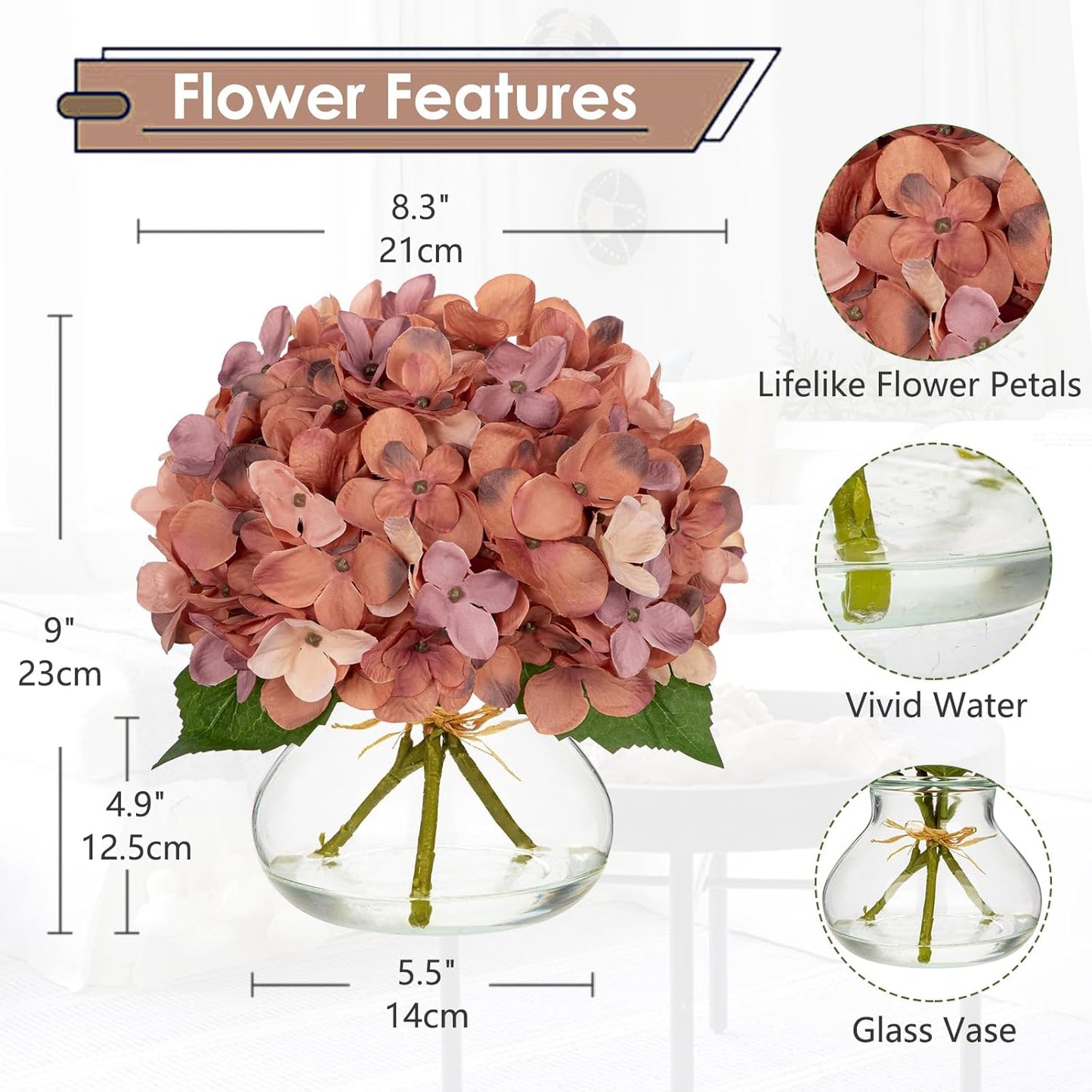 Hollyone Fall Hydrangea Artificial Flowers for Decoration with Glass Vase Dark Peach Autumn Silk Fake Flower Arrangements with Faux Water Table Centerpiece Vase with Flowers Fall Decorations for Home