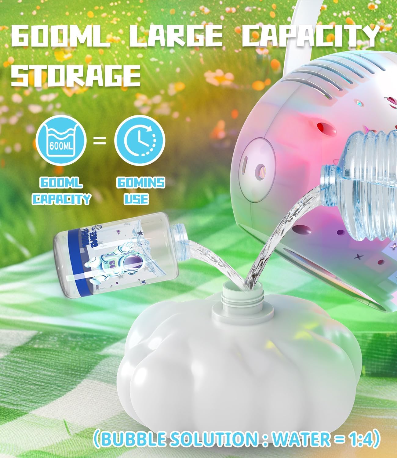 Rechargeable Bubble Machine, Bubble Maker for Kids with Colorful LED Light, Make Large Bubbles, 600mL Capacity - Outdoor Party Birthday Halloween Toys Gifts for Toddlers Ages 3+ Boys Girls
