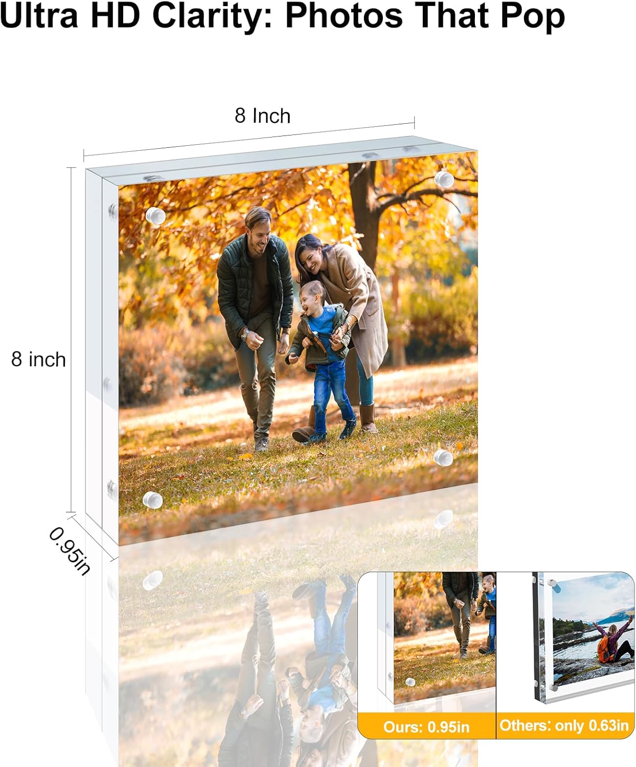 3 Pack 8x8 Acrylic Picture Frames - 20% Thicker Double Sided Magnetic Frame with UV Protection - Freestanding Clear Frameless Display for Tabletops - Modern Photo Frame Set for Home & Office Decor