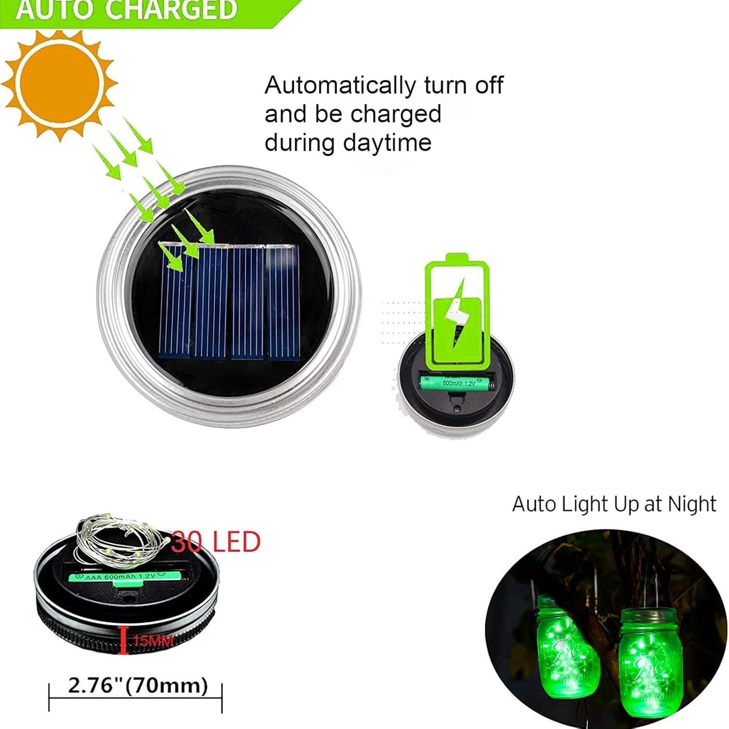ZNYCYE Solar Mason Jar Lights, 12 Pack 30 LED Fairy Firefly Mason Jar Lids Outdoor Waterproof String Lights with Hangers(NO Jars) for Regular Mouth Jars Patio Garden Yard Wedding Decoration - Green
