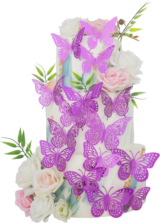 Gyufise Metallic Purple Butterfly Cupcake Toppers Hollow Art 3D Butterfly Cake Toppers Decorations Baby Shower Wedding Anniversary Kids Birthday Party Cake Wall Decorations Supplies 36Pcs