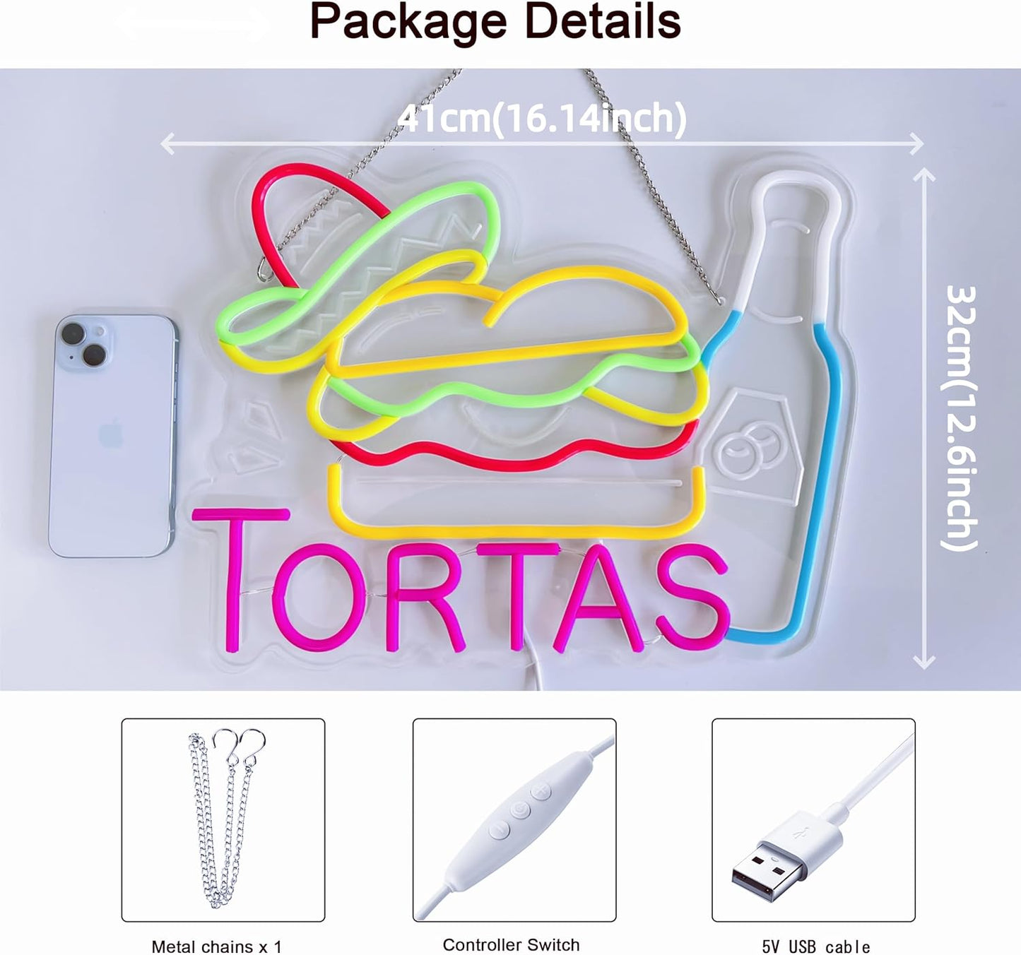 CNBEYOUNG Tortas Neon Sign, Neon Lights Hanging Wall Art Decoration for Mexican Restaurants Shop Bar Food Truck Kitchen Party Home Decor, USB - Driven, Super Bright & Adjustable,16.54x 12.6inches