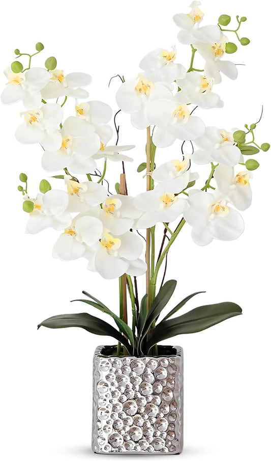 Orchid Artificial Flowers with Sliver Vase Large Silk Faux Phalaenopsis Flowers for Dining Room Table Floral Centerpieces Indoor Decoration,White