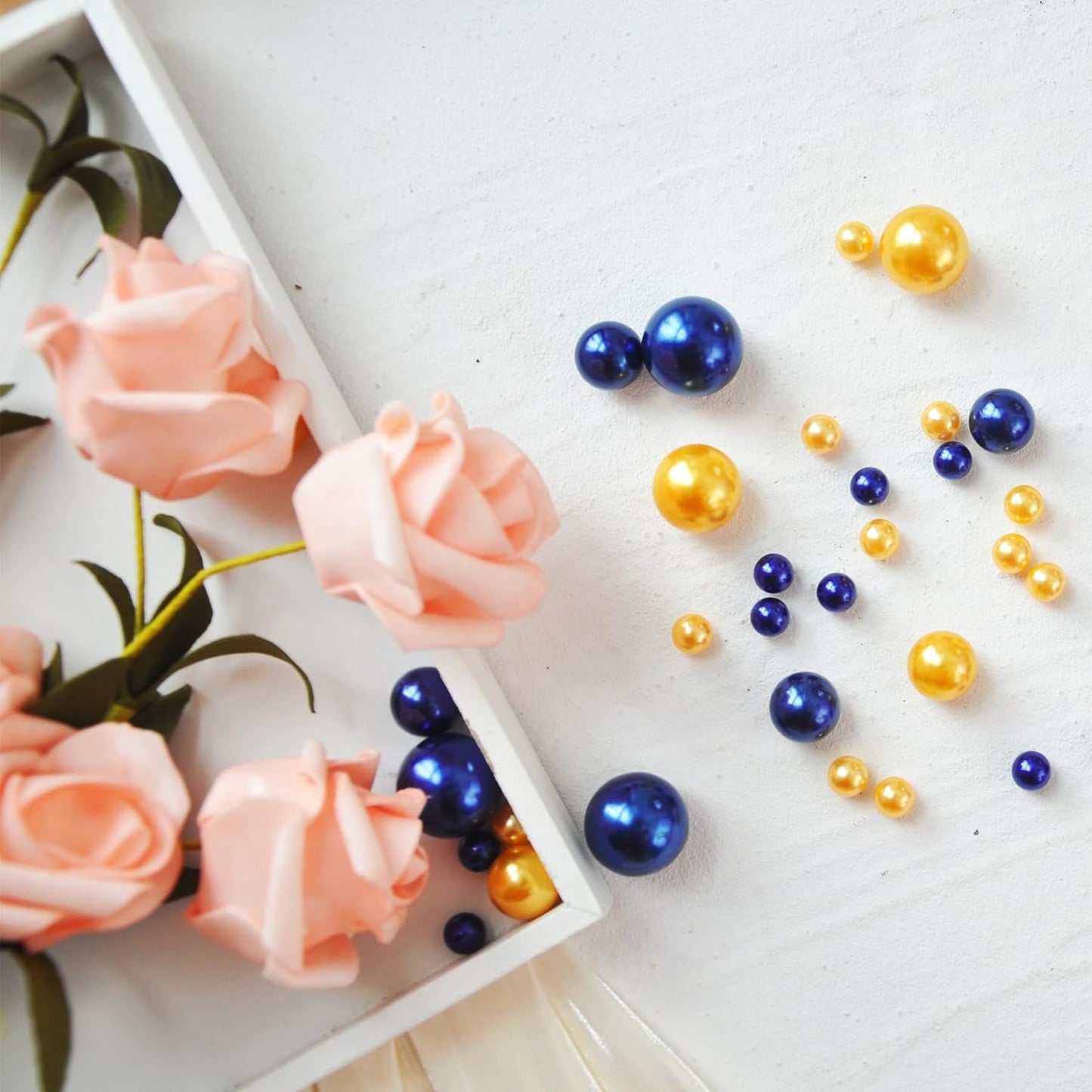260Pcs Navyblue&Gold Glossy Beads for Centerpiece Decor, Artifical Pearls Vase Filler, No Hole Round Pearl Beads for Wedding Birthday Christmas Party Home Decor(18mm 14mm 6mm)