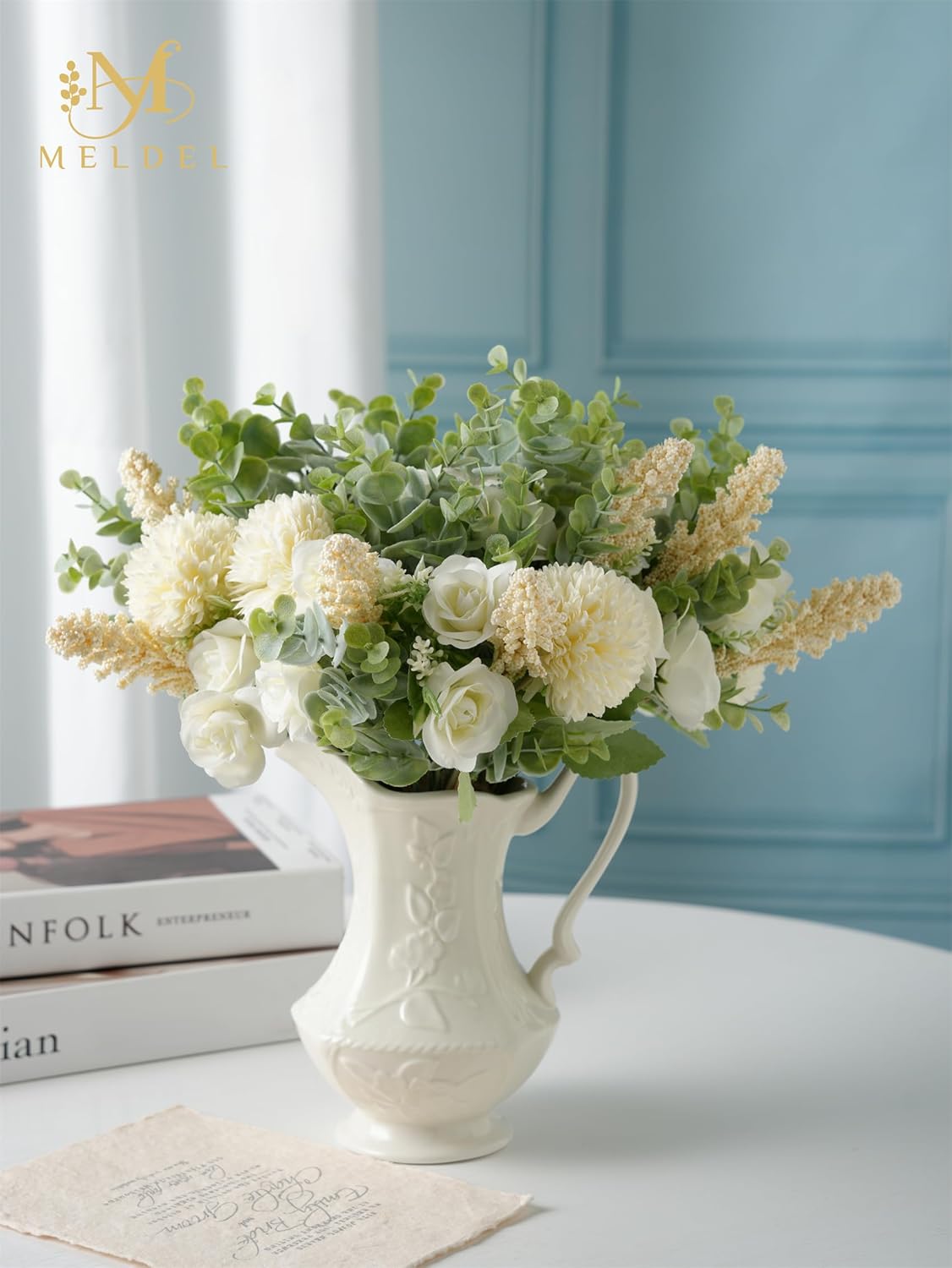 Meldel 3Pcs Rose Bouquet Artificial Fake Flowers Eucalyptus Plants Silk Flower Arrangements Wedding Bouquets Decorations Plastic Floral Table Centerpieces for Home Kitchen Garden Party Decor (White)