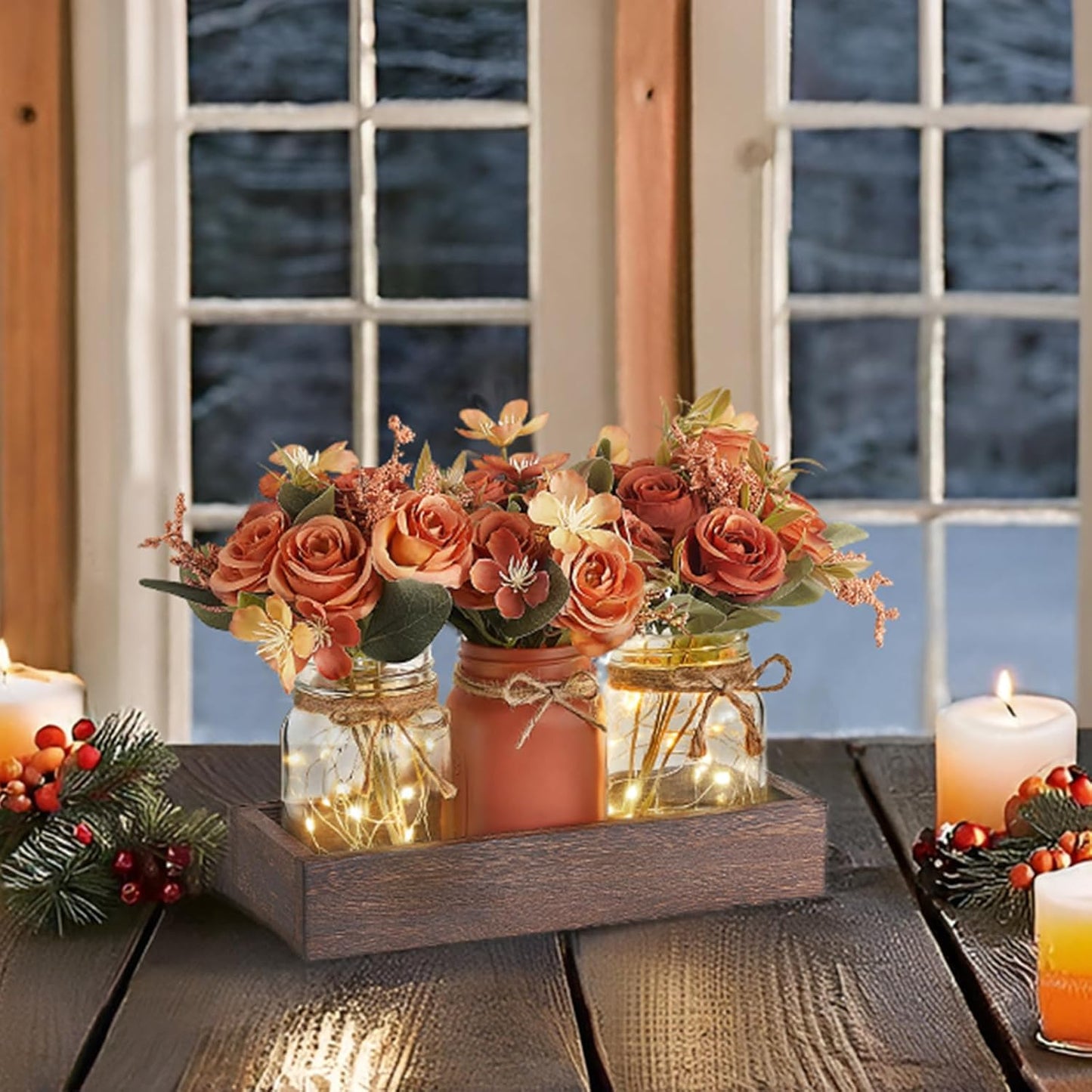 Mkono Mason Jar Lights Centerpiece Table Decorations for Dining Room Farmhouse Coffee Table Decor Tray with 3 Jars Flowers Centerpieces Fall Decor for Kitchen Living Dining Room, Orange