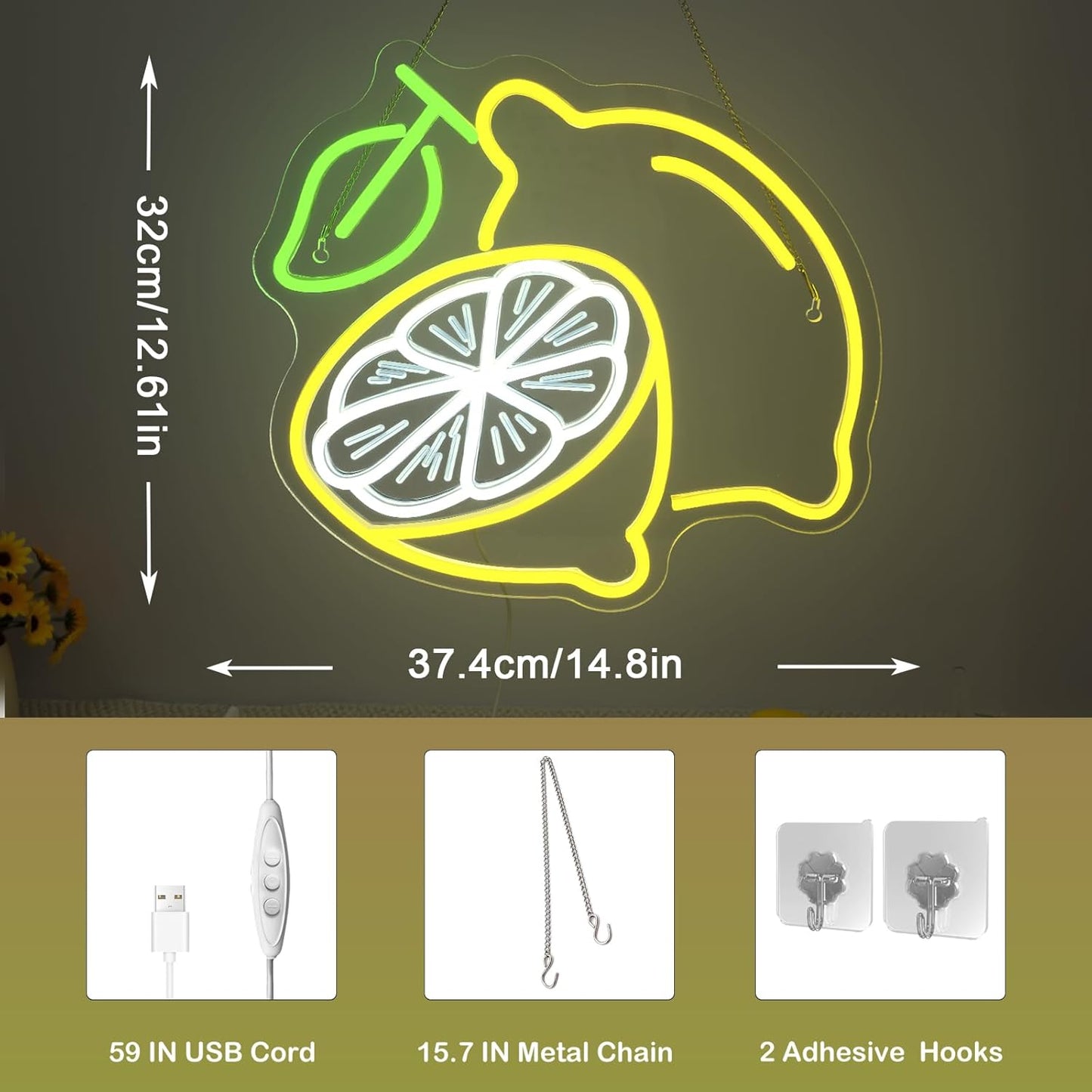 Lemon Cocktail Neon Sign – Yellow & Green LED Wall Light with Citrus Slice and Drink Glass – Summer Party, Bar, Kitchen, and Home Décor