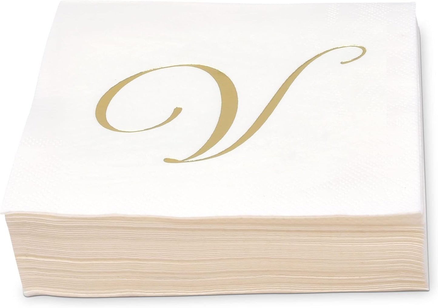 Gift Boutique 100 Gold Monogram Cocktail, Letter V Disposable Paper Pack Elegant Metallic Golden Foil Hand Napkin for Powder Room Wedding Holiday Birthday Party Baby Shower Decorative Towels