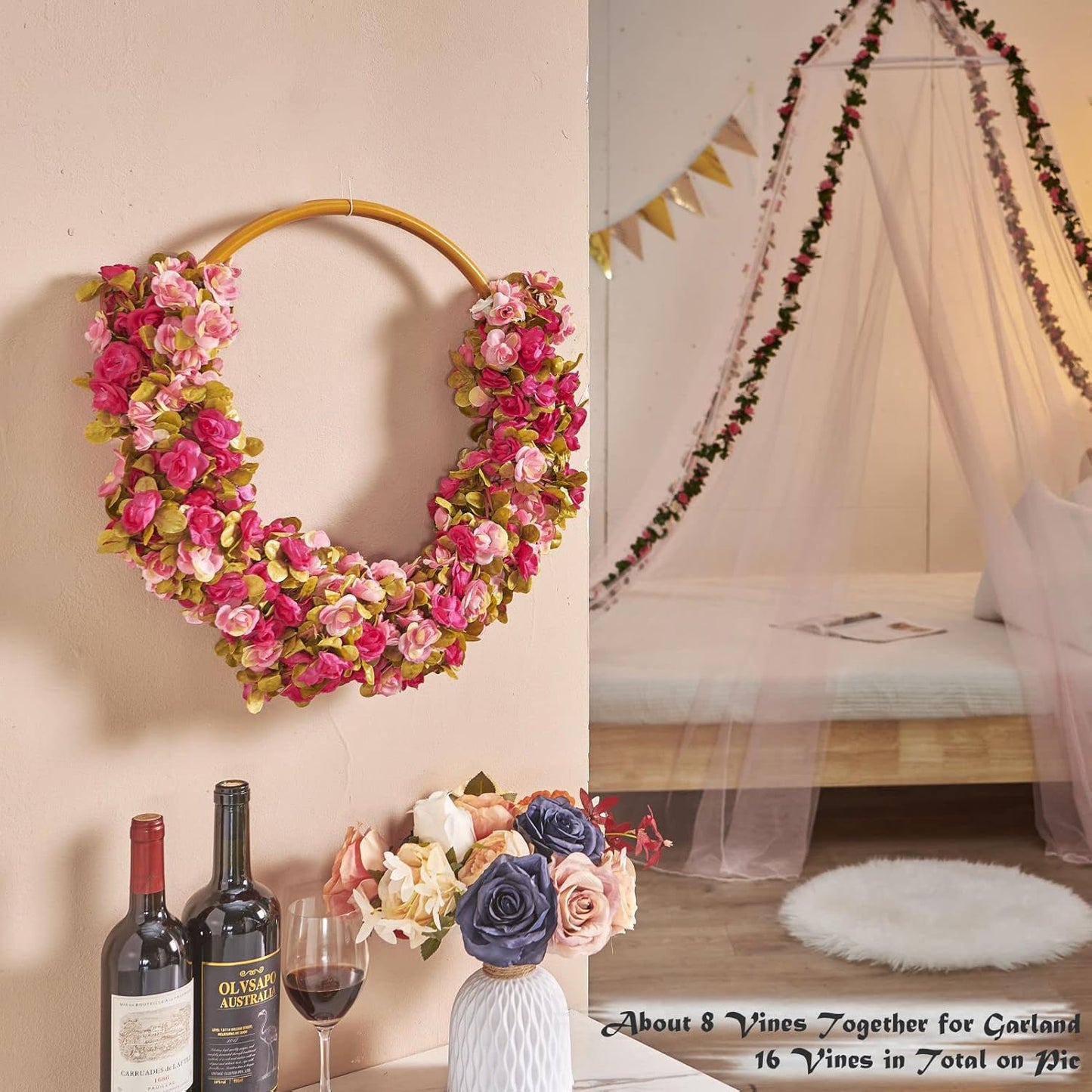 8 Pcs x 8.2 ft Flower Garland Artificial Rose Vine Flowers with Green Leaves Hanging Fake Roses Vine for Room Party Home Wedding Birthday Christmas Wall Arch Decor, Fall Purple Flower