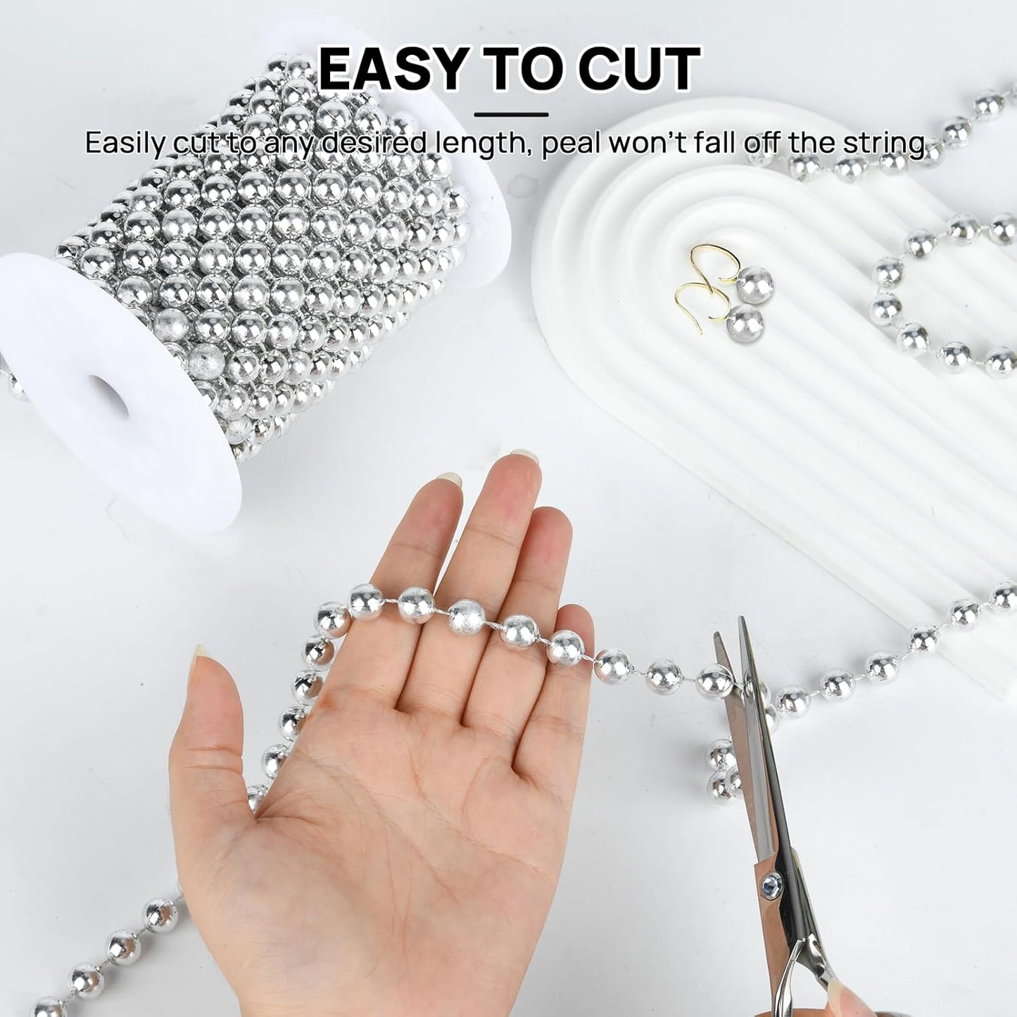 Craft String Pearls 10MM Pearl Bead, 33 Feet Silver Faux Pearl Garland Spool Roll Strand Wedding Party Decoration, Christmas Tree Decorations