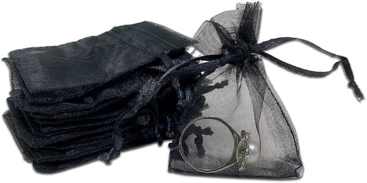 TheDisplayGuys 100-Pack XS 2x2 3/4" Black Sheer Organza Gift & Goodie Bags with Drawstring for Jewelry, Candy, Treat & Wedding Favors