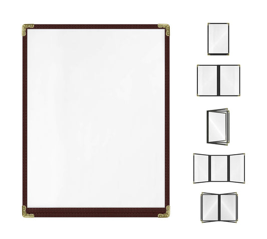 Brown, 25 Pack,1 Page / 2 Views - 8.5" x 11", Cafe Style Menu Cover, Top-Loading Double Stitched Edge, Crystal Clear Vinyl Menu Holder with Gold Decorative Corners