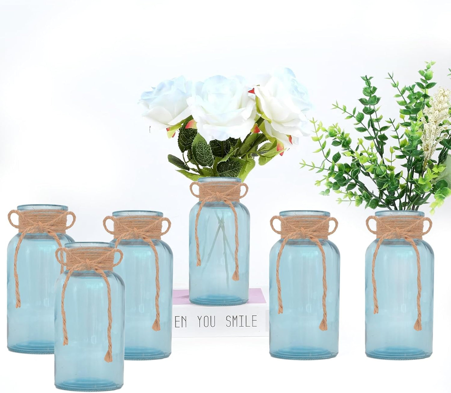 Vintage Glass Flower Vase，6 Pack Blue Farmhouse Glass Centerpiece Vases Mason Jars for Weddings, Parties & Home Decor Bulk (6, Blue)