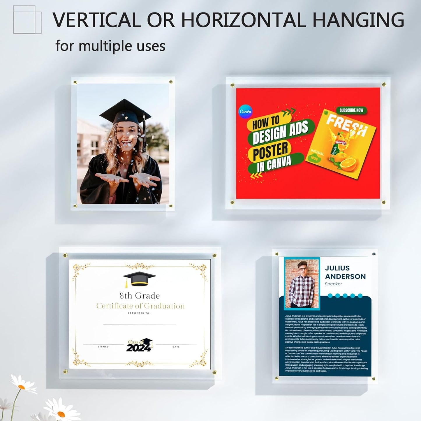 Acrylic Picture Frame for Wall, Clear Diploma Frame, No Drill Floating Frameless Photo Frame for Diploma Certificate Degree Document & Artworks Display, Graduation Gift for Students(2 Pack, 8.5X11 Straight edge)