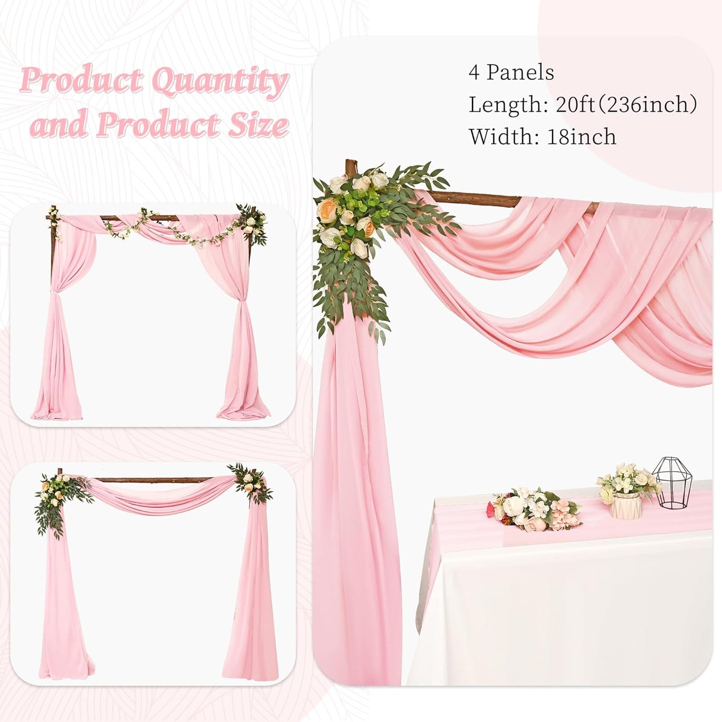 4 Panels Wedding Arch Draping Fabric 28" x 20Ft Wedding Arch Drapes Chiffon Fabric Drape Sheer Backdrop Curtain for Nuptials Birthday Party Swag Ceremony Arbor Drapery Reception Ceiling Decor(Pink)