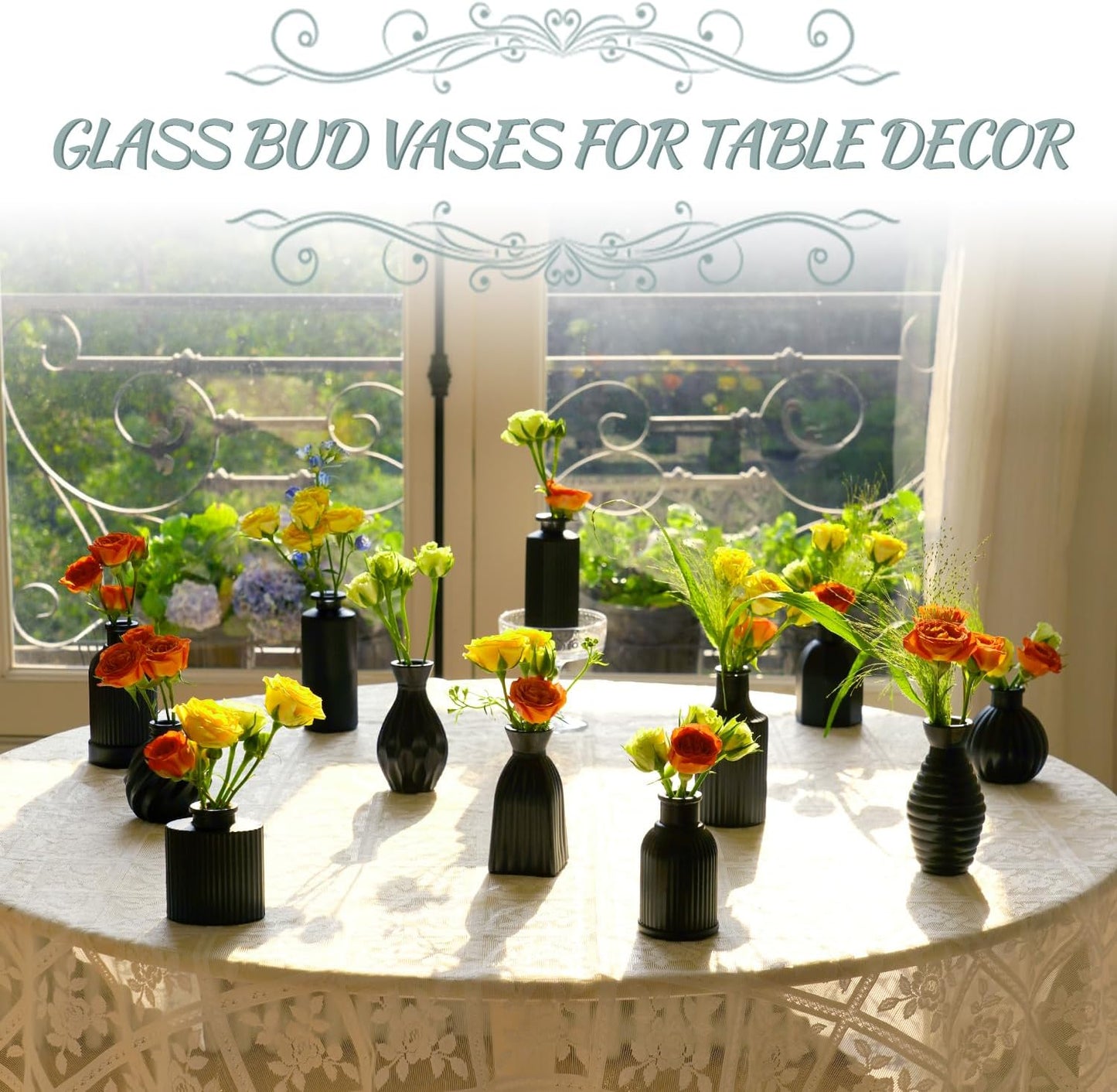 Black Vase, Bud Vases Set of 12, Small Glass Vase for Decor Centerpieces, Matte Ribbed Modern Vintage Flower Vases for Wedding Party Table Decoration Home Decor in Bulk